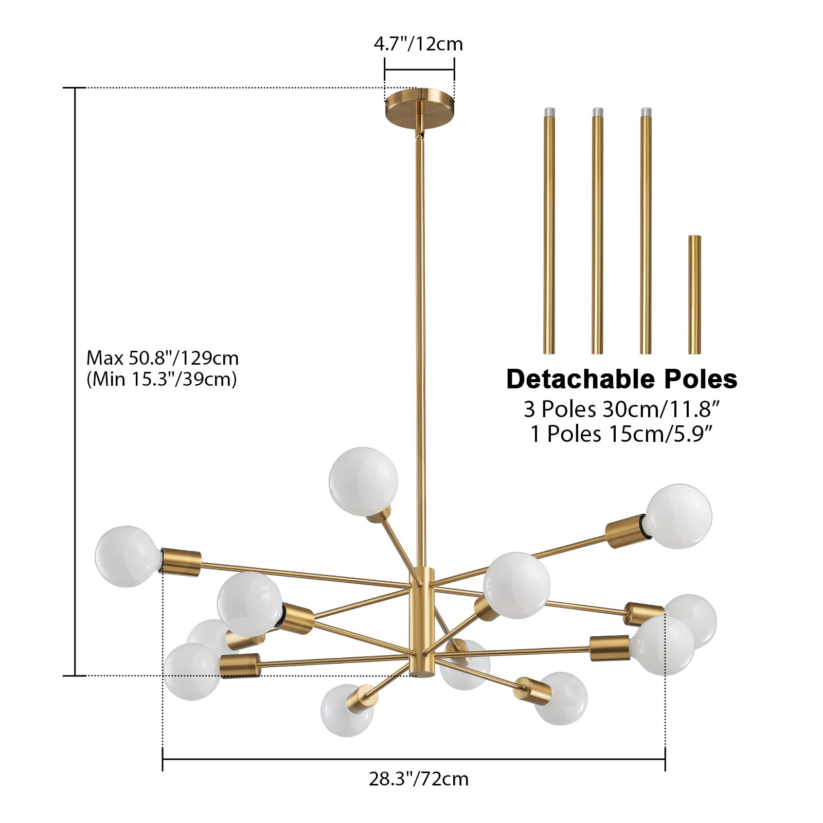 Ruiyey Modern Sputnik Chandeliers Light, 12-Light Gold Gold Dining Room Chandelier Over Table, Height Adjustable Industrial Semi