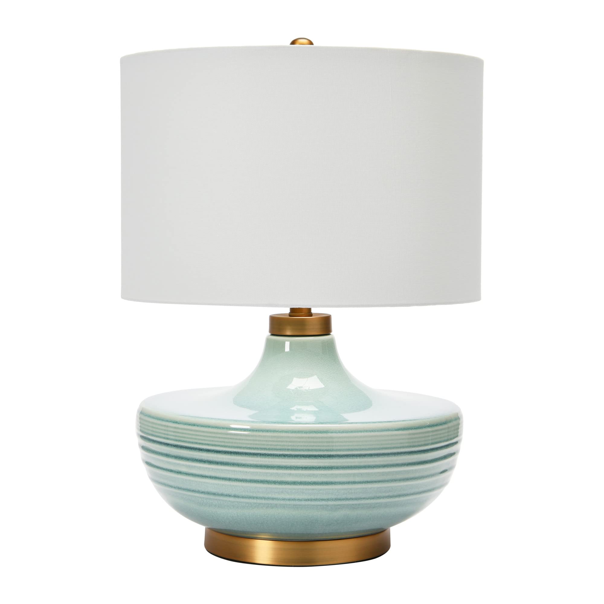 Creative Co-Op Striped Aqua Ceramic Table Lamp with White Linen Shade
