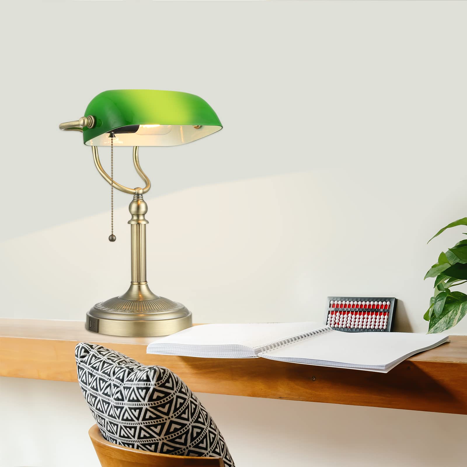 Newrays Green Glass Bankers Desk Lamp With Pull Chain Switch Plug In Fixture,Usb Fast Charging Port