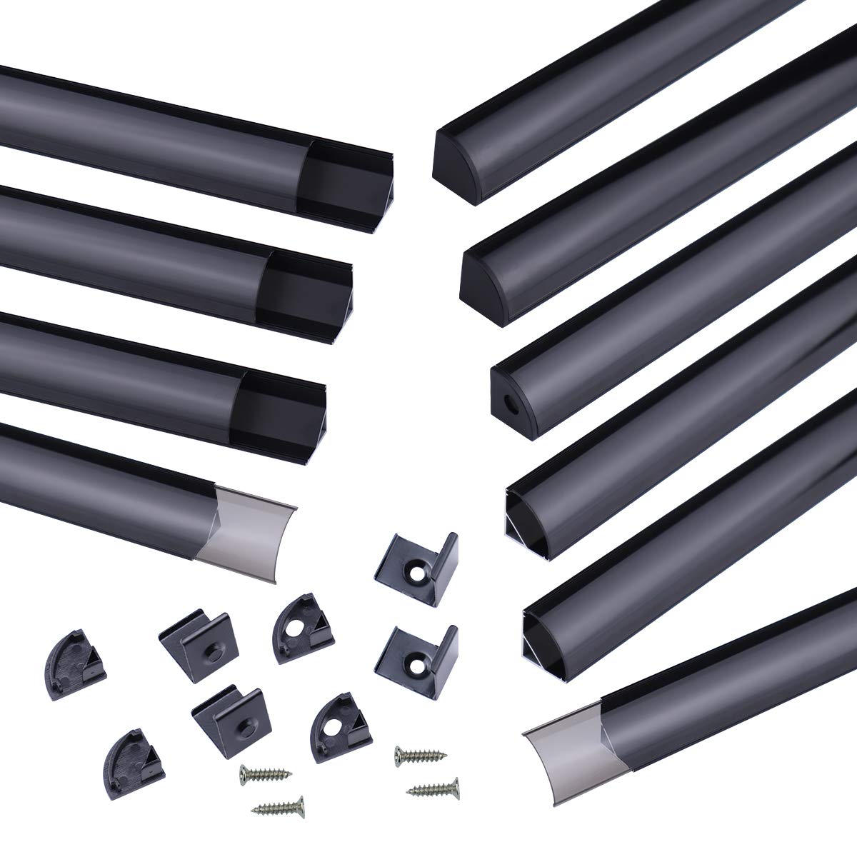 Muzata 10Pack 6.6FT/2M V-Shape LED Channel System with Transparent Smoky Black Cover Lens  Black Aluminum Extrusion Profile Housing Tape Lights V1SW BB 2M