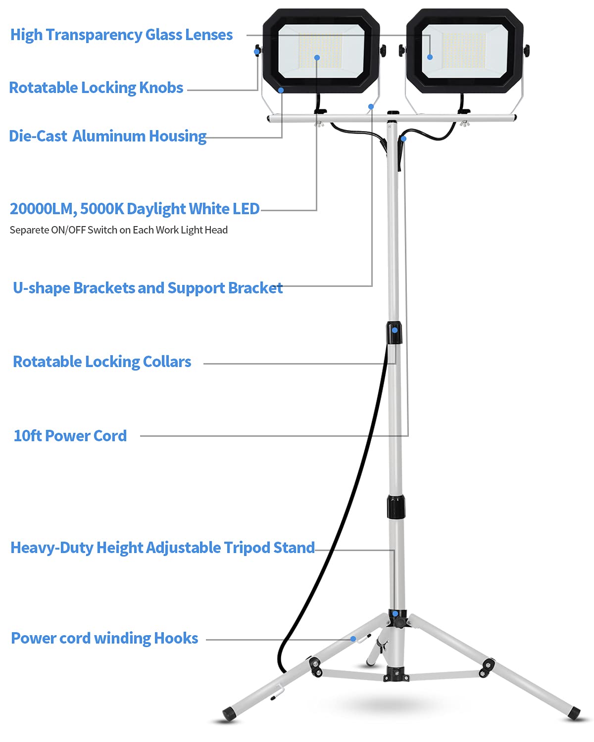 Ufond 20000 Lumen Work Lights With Stand, 200W Dual Head Led Work Light, Waterproof Lamp With Individual Switch, Adjustable Metal Telescoping Tripod 10Ft Power Cord