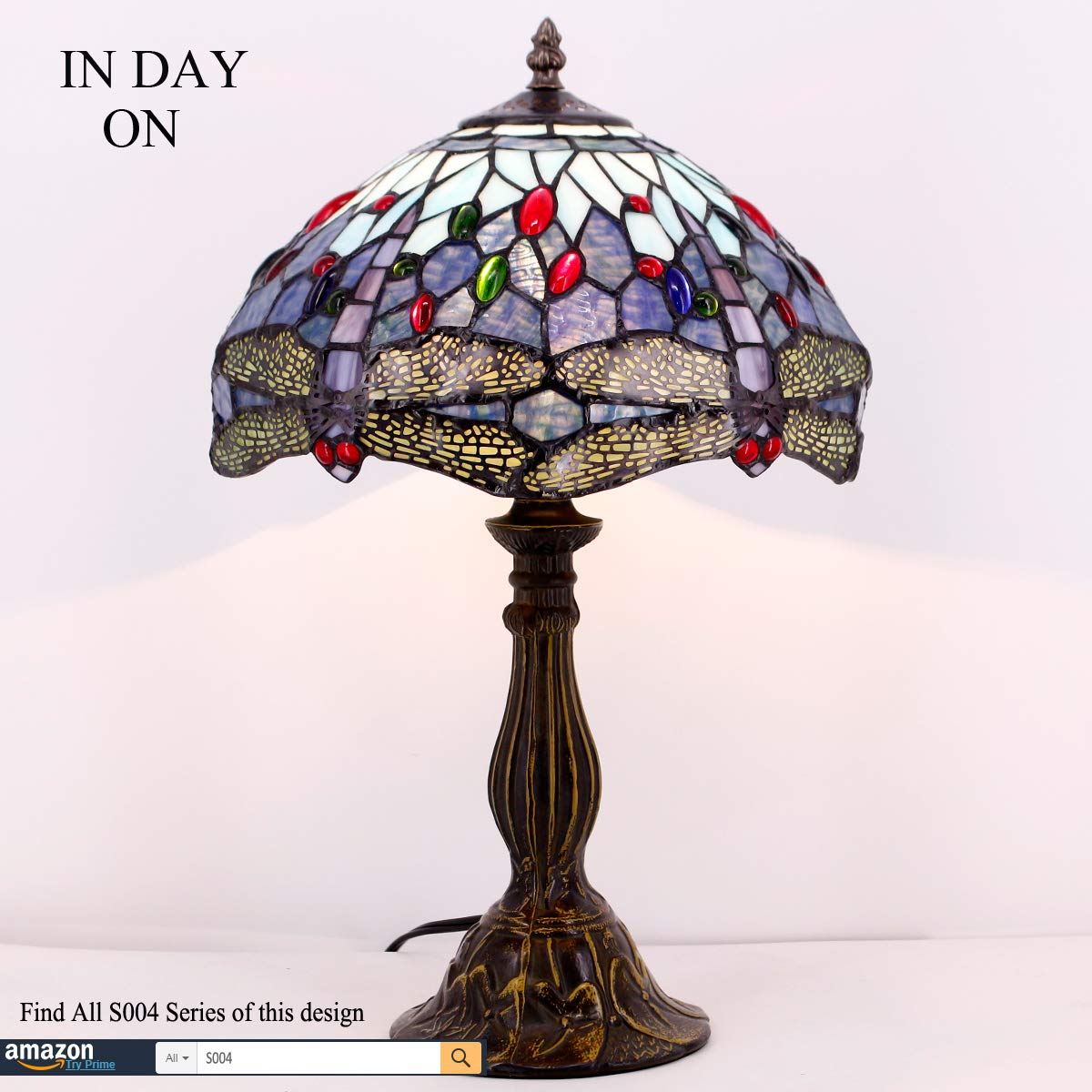 WERFACTORY Tiffany Table Lamp, Blue Stained Glass, 12X12X18 Inches, Dragonfly Style for Bedroom, Living Room, Home Office