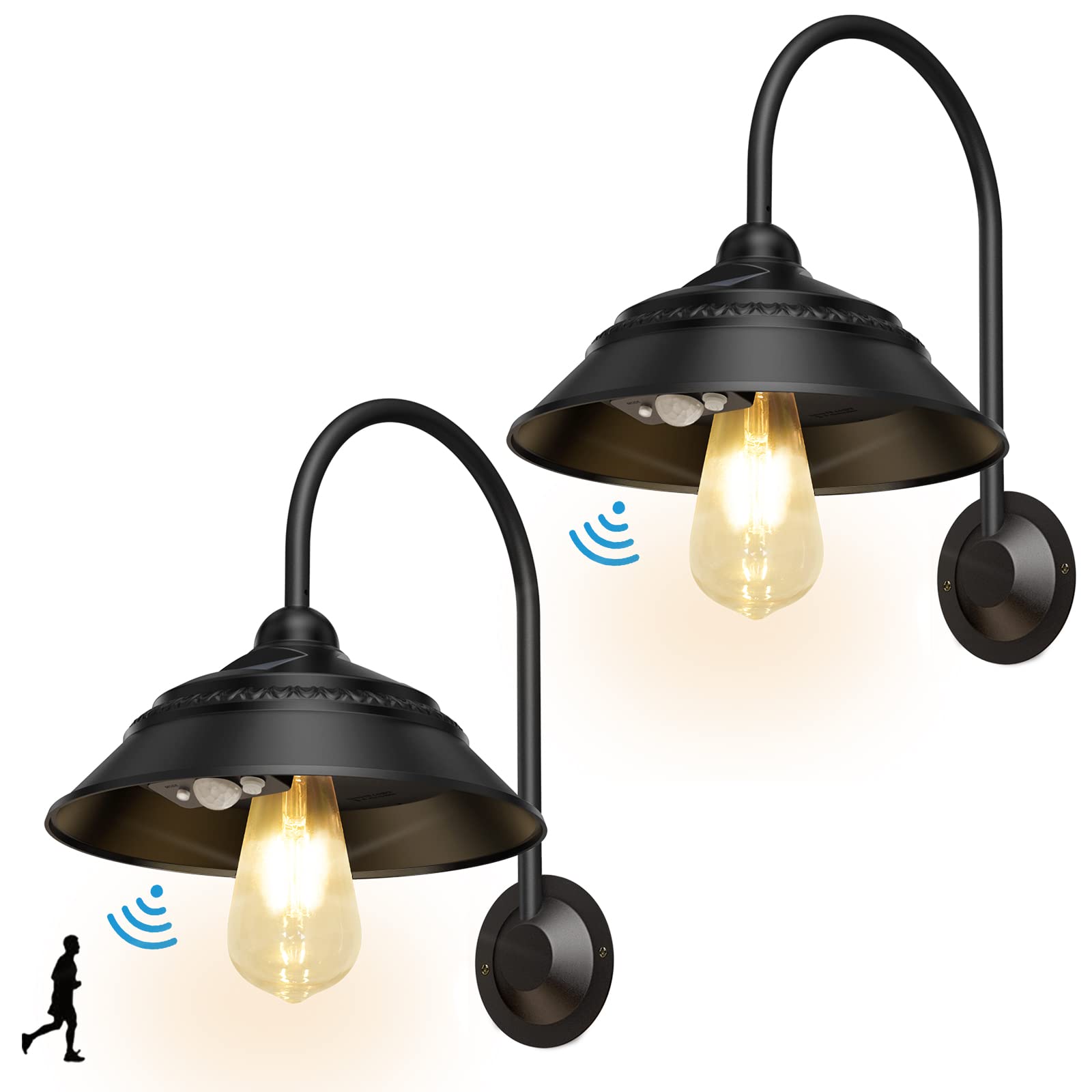 Ufelizor Solar Barn Light 2 Pack, Outdoor Retro Sconce, 3 Lighting Modes, Motion Sensor, Waterproof, Black, Model UF001