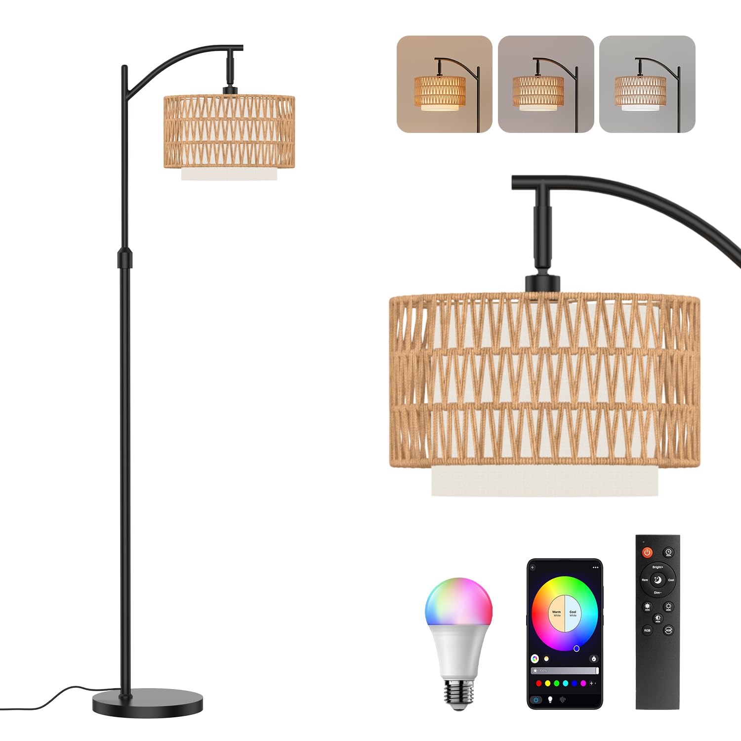 Boho Floor Lamp - Arched Floor Lamps for Living Room, Farmhouse Floor Lamp with 3 Color Temperature Black Standing Lamp with Rat