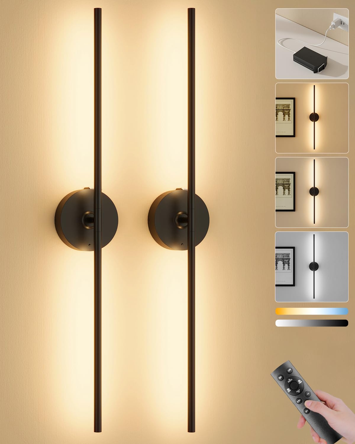 Ouyulong Battery Operated Wall Sconces Set of 2, 8000mAh Wireless Rechargeable 3000-6000K Dimmable 350 Rotate Wall Light with Re