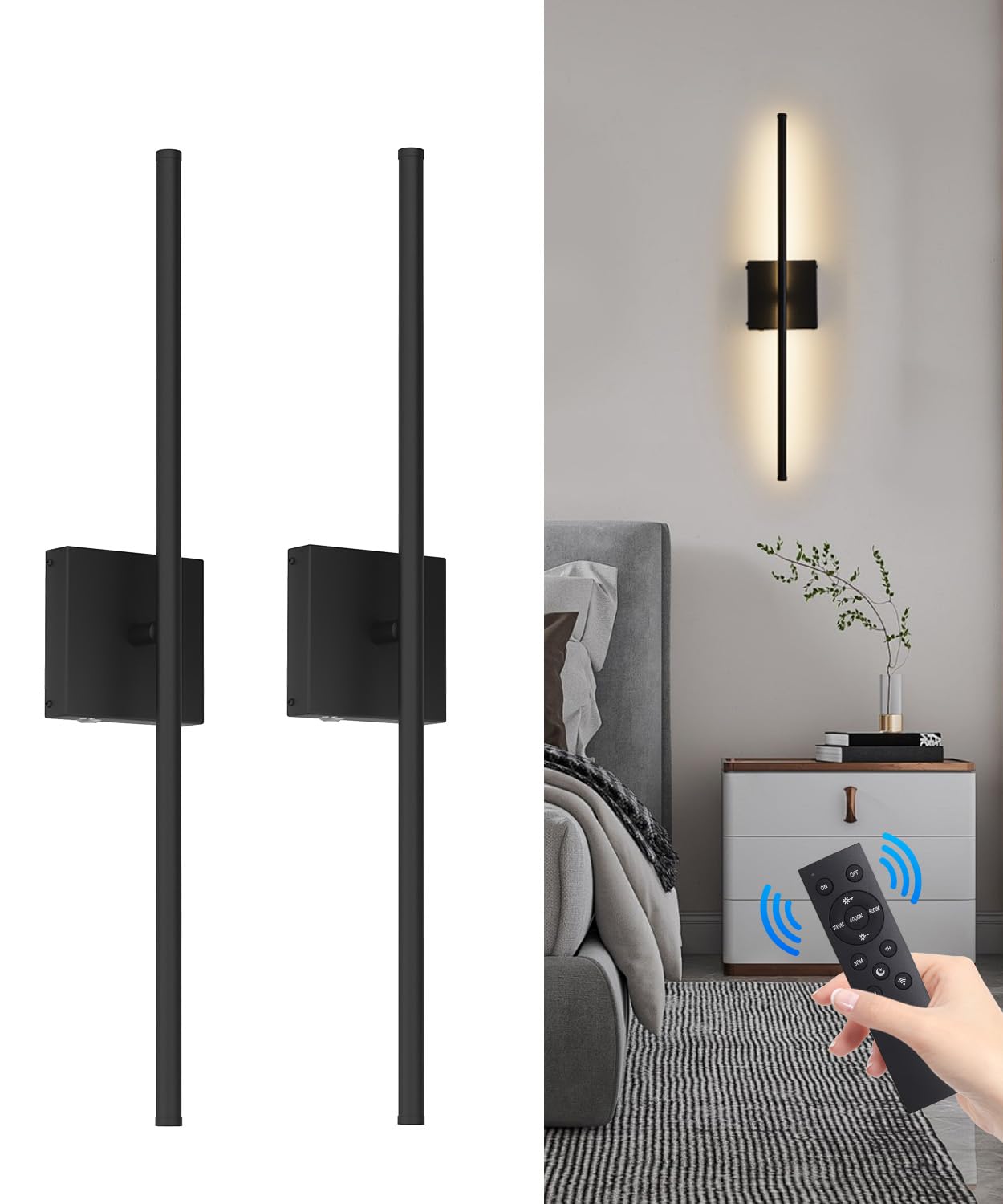 CASGAL Battery Operated Wall Sconce Set of 2, Dimmable Battery Wall Sconce with Remote Control,3000K-6500K LED Wireless Wall Lig