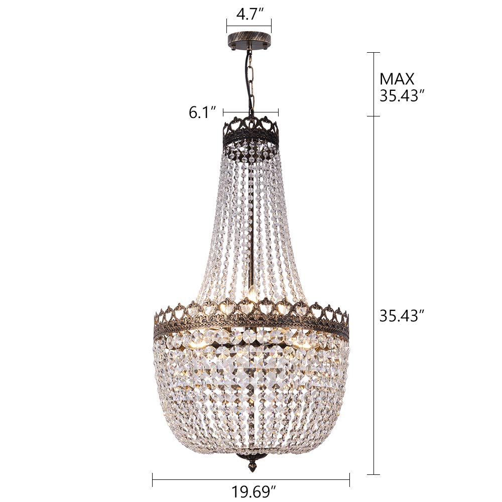 Wellmet Crystal Chandelier Lights, 9 Lights French Empire Chandelier Lighting High Ceiling Hanging Pendant Light Fixture for Din