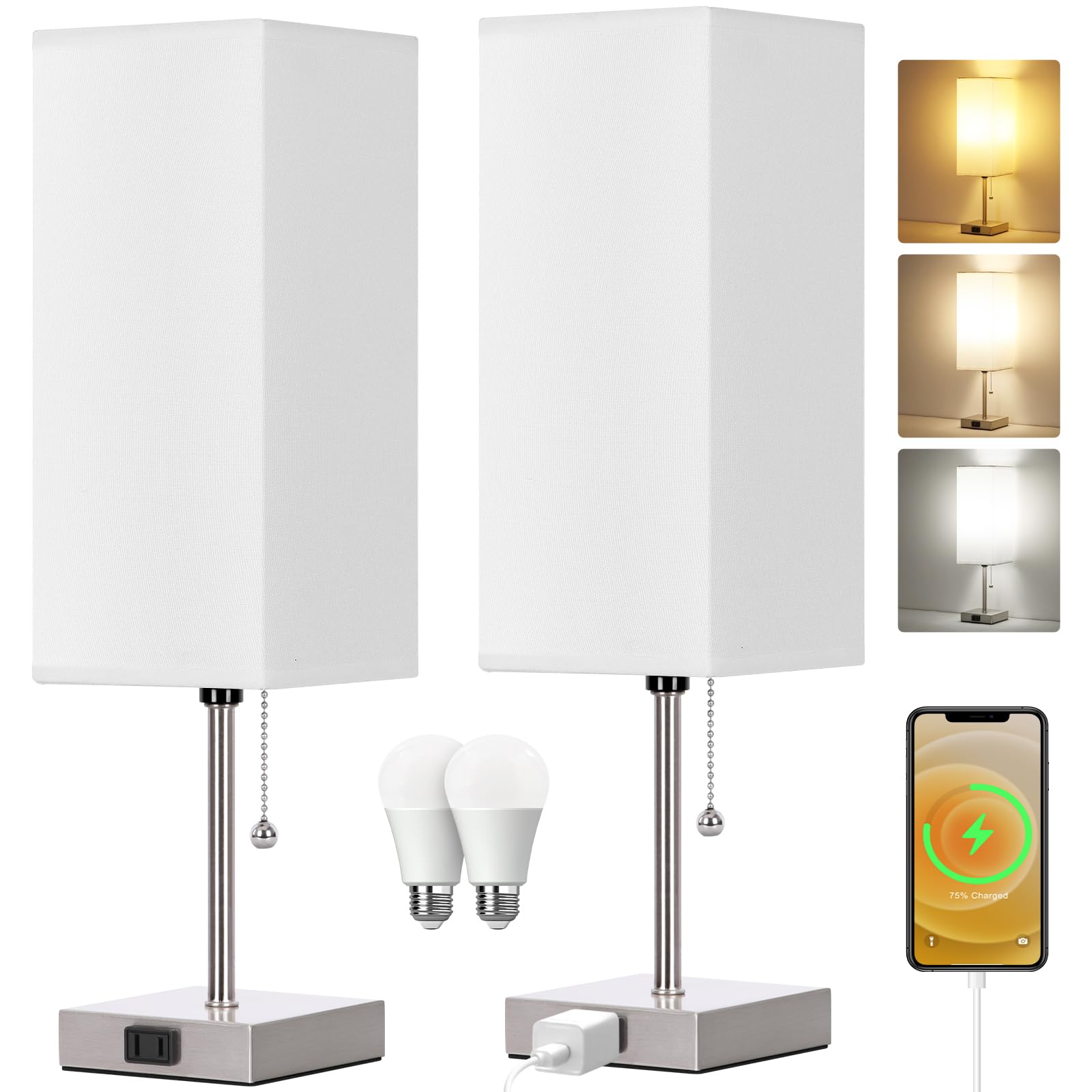 Table Lamp for Bedroom set of 2,3-Color Bedside Lamps with Pull Chain Table Lamps for Nightstand with AC Outlets,18'' Night Ligh