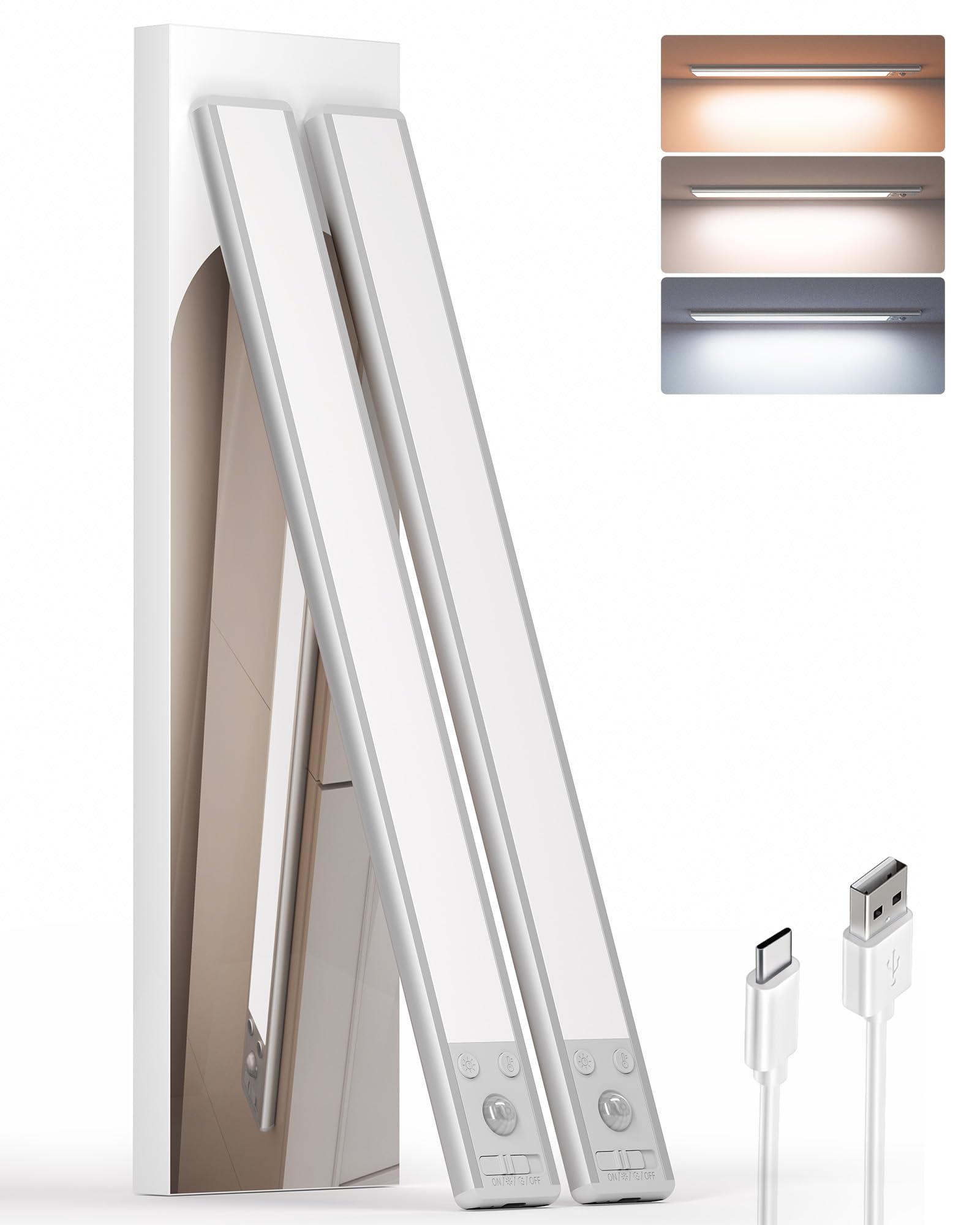 EZVALO 134 LED Under Cabinet Lights, 3200mAh Rechargeable Motion Sensor Light Indoor with 3 Color Temps, Dimmable Closet Lights Wireless,Under Counter Lights for Kitchen, Wardrobe, Stair (2 Pack)