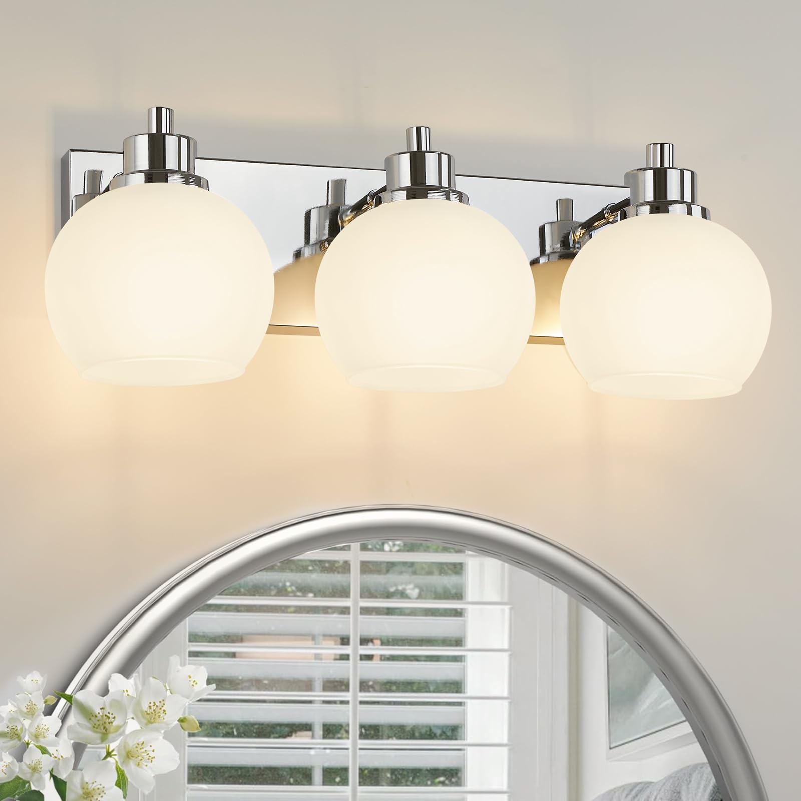 Tuscarora Bathroom Light Fixtures, Chrome Vanity Light 3 Light Bathroom Vanity Light With Milk Glass Shade,Bathroom Light Over Mirror,Bathroom Lighting Fixtures For Mirror