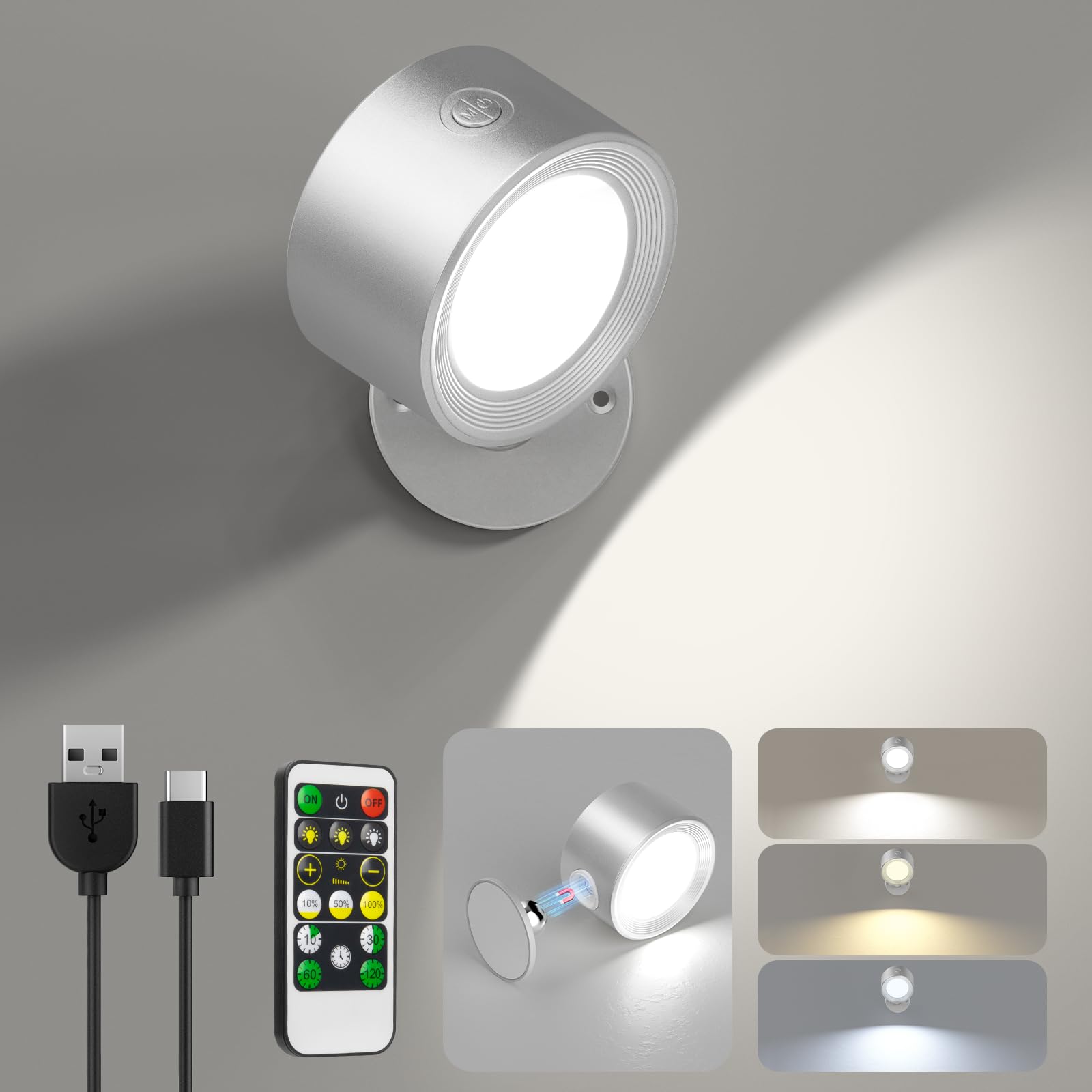 Lightbiz LED Reading Lights Sconces, Remote, Dimmable, 3 Color Temp, Plastic, Model X120, Silver, 1 Pcs