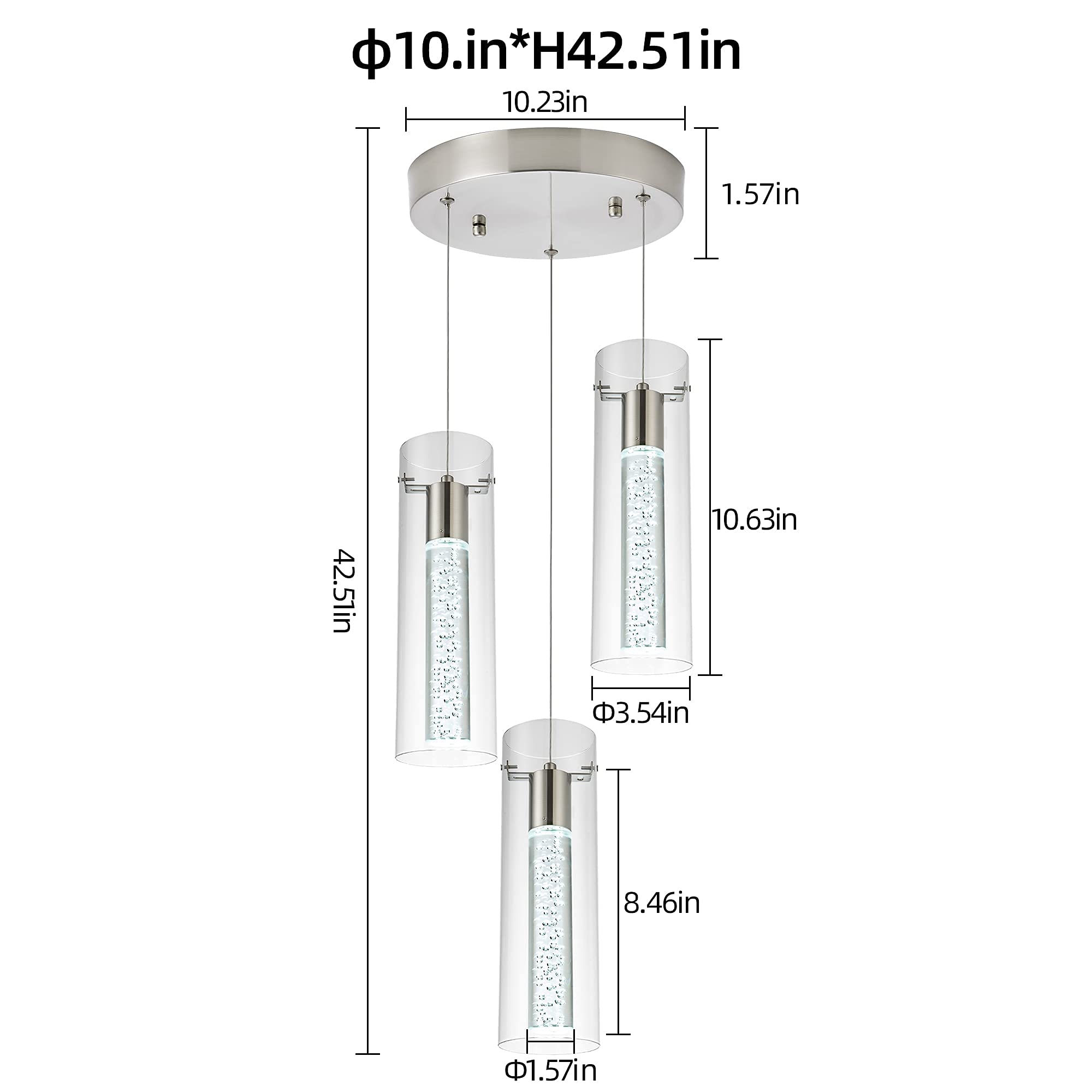 votag 3-Light LED Pendant Ceiling Fixture, Brushed Nickel, Adjustable Length, Model PI-0172, for Kitchen Island & Dining Room