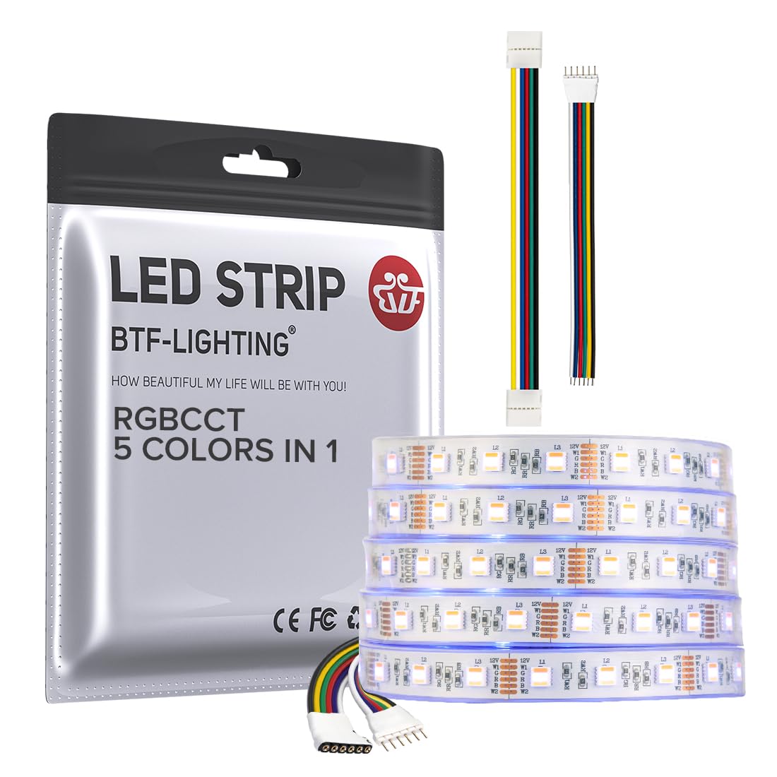 BTF-LIGHTING RGBCCT LED Tape Lights 5 Colors 2700K-6500K 16.4ft 60LEDs/m IP67 DC12V