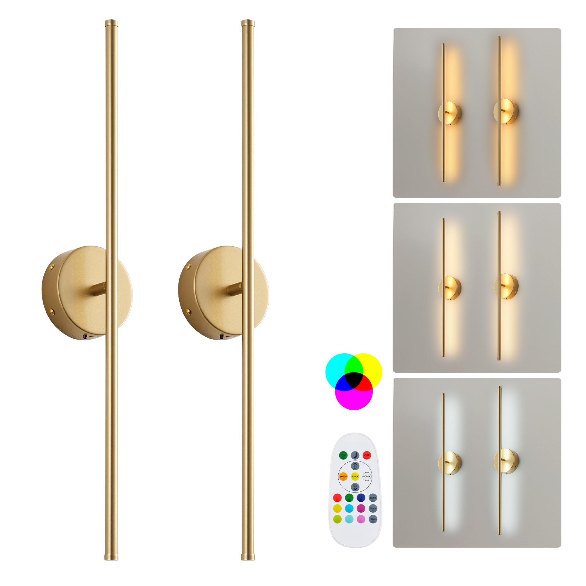 KARTOOSH Battery Operated Wall Sconces Set of Two, Dimmable LED, 28.3 Inch, Gold (RGB Colors), Model ZM317BGDR70