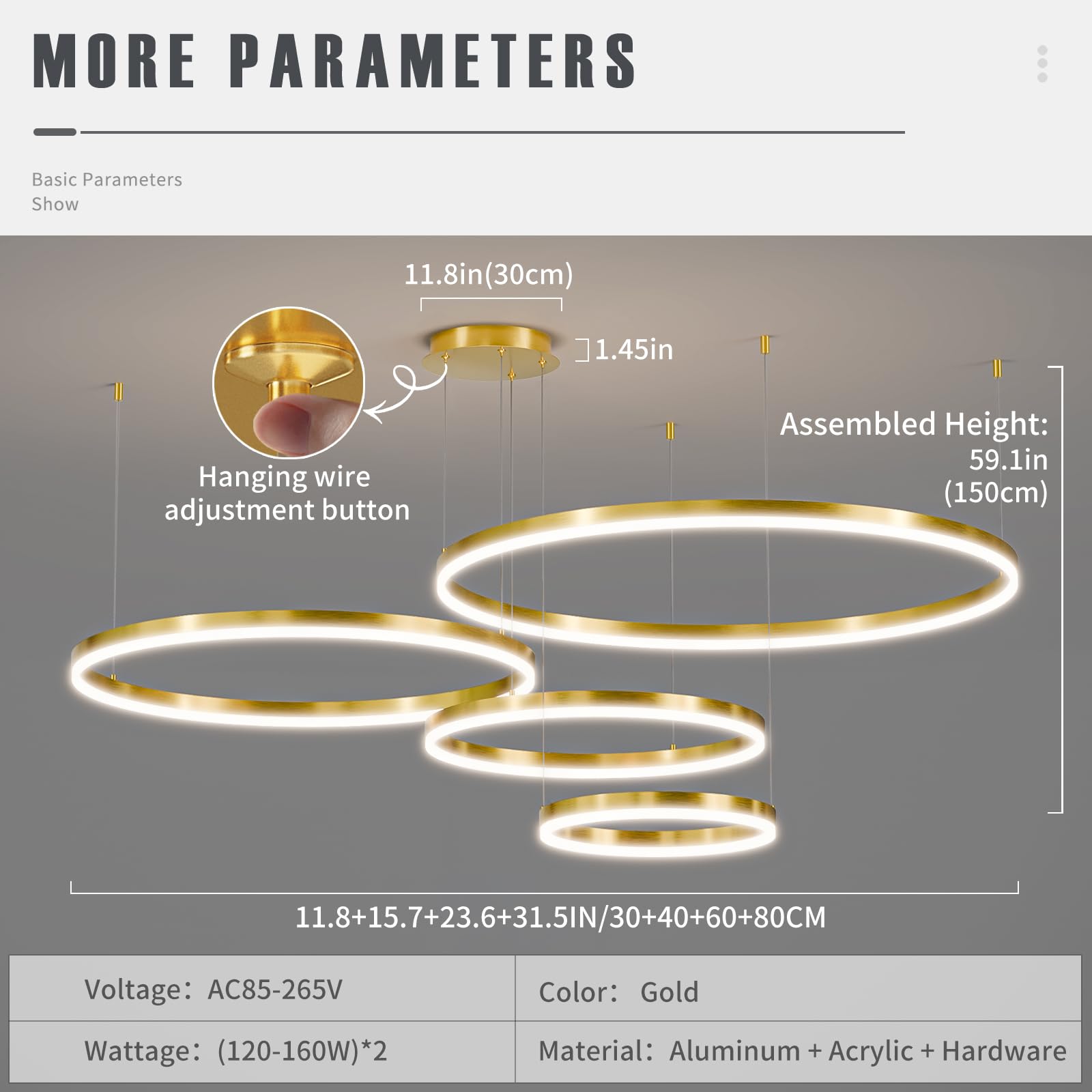 Matven Modern Ceiling Chandelier Light, Remote Control, Dimmable 3 Color Mode, 11.8+15.7+23.6+31.4in, Gold, Model KD