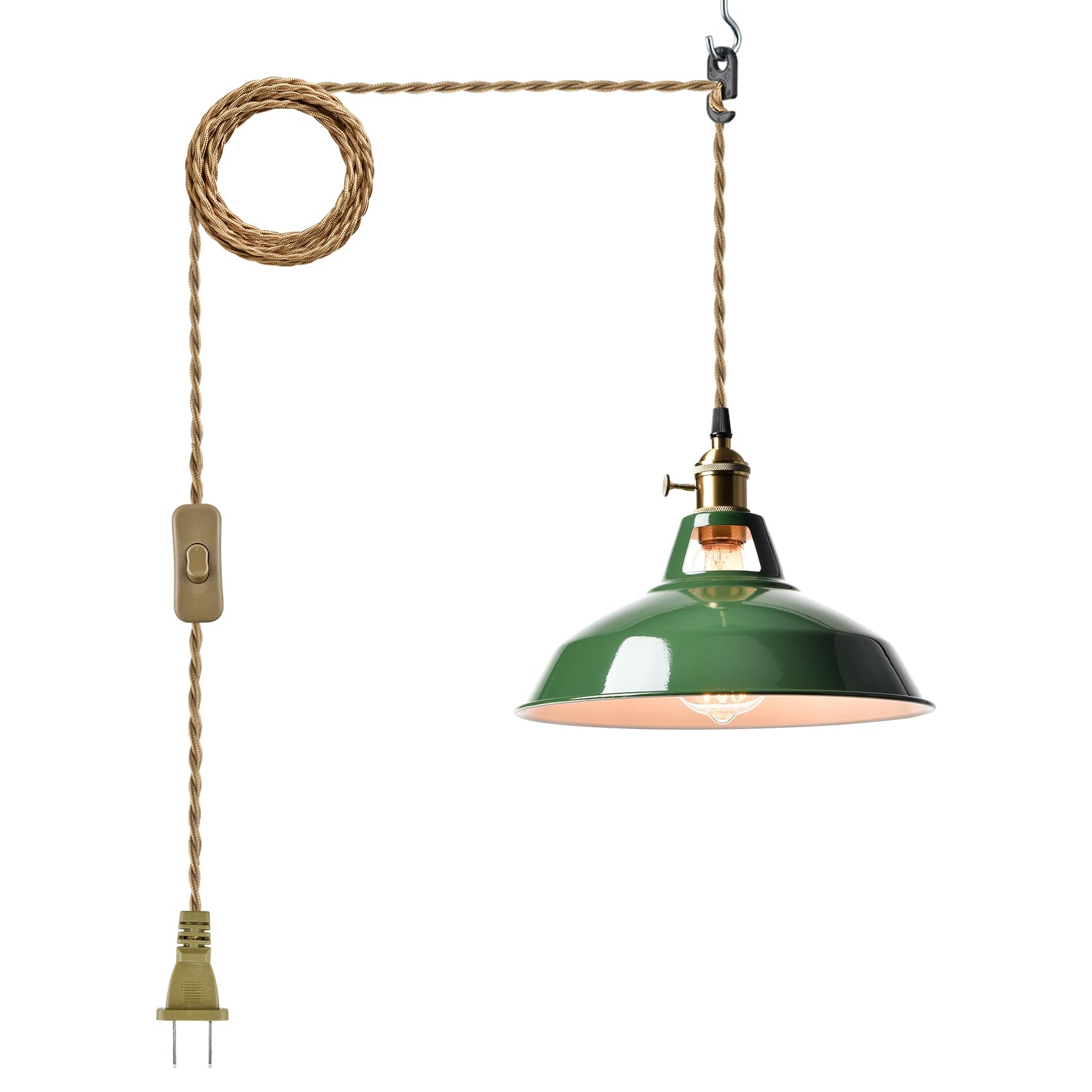 Yubole Modern Green Plug-In Pendant Light Macarons Kitchen Hanging Swag Lighting  Metal Barn Shade With On-Off Switch Plug Cord Light For Bedroom Foyer Dining Bar