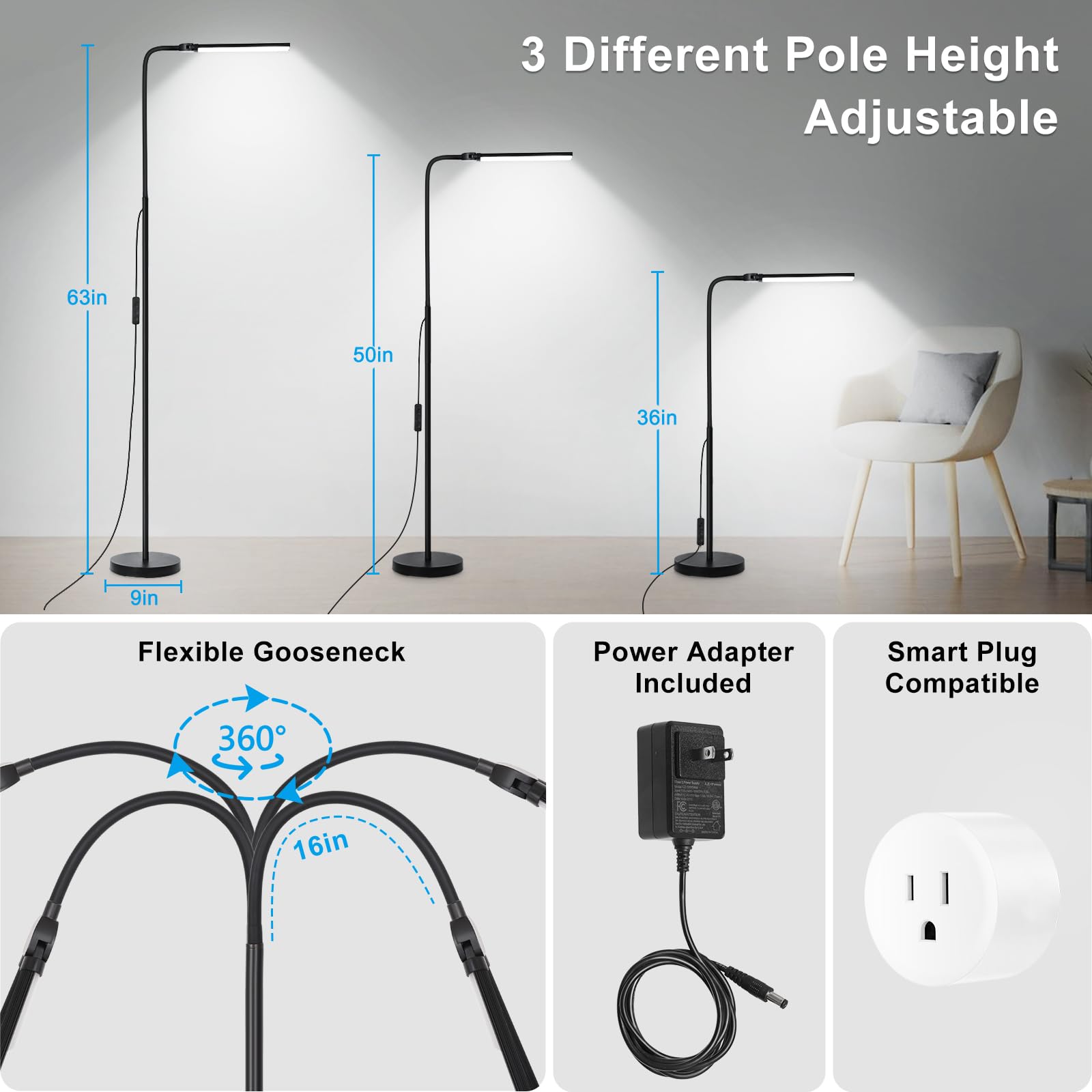 Led Floor Lamp With Remote Control, Bright 15W Floor Lamps For Living Room With Double Head, Adjustable Gooseneck Standing Lamp,