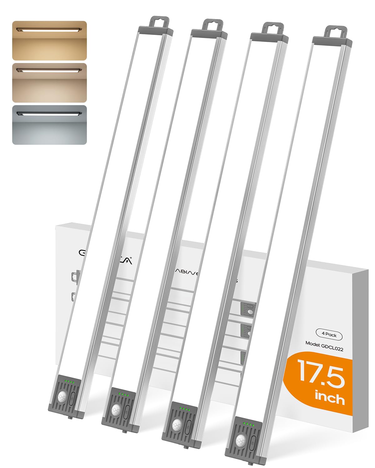 Goodea 17.5Inch Under Cabinet Lighting  4500Mah Rechargeable Battery Motion Sensor Light Indoor  Wireless Under Cabinet Lights For Kitchen  Closet(4 Pack)