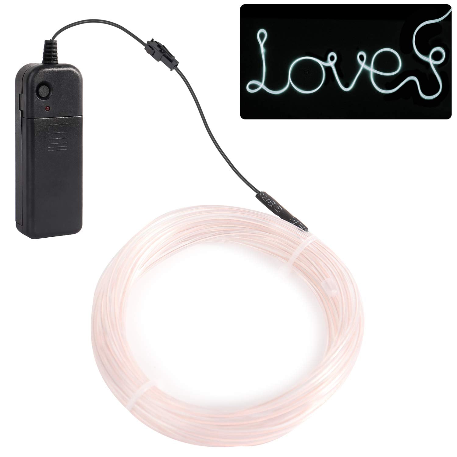 JIGUOOR EL Wire Battery Pack Neon Light Strip 16.4ft / 5m White for DIY, Festival, Party, Decoration