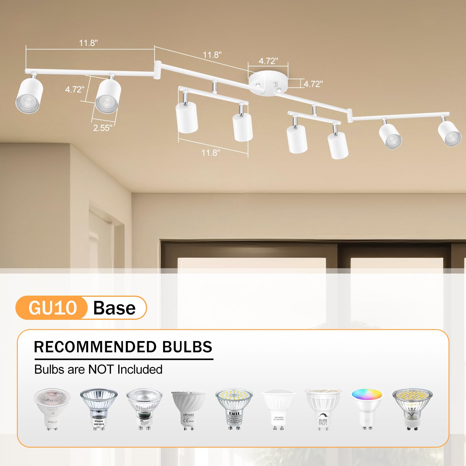 Boostarea Led 8 Light Track Lighting Kit, White 8 Way Ceiling Spot Lighting, Flexibly Rotatable Light Head For Kitchen, Living R