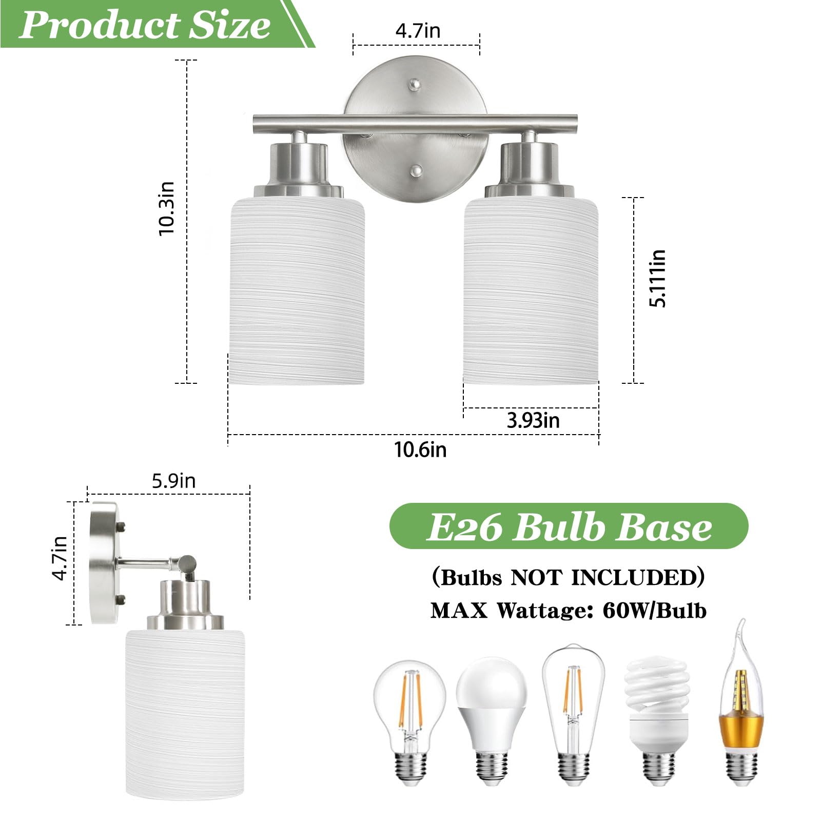 Guliaofo 2-Light Vanity Lights  Brushed Nickel Bathroom Light Fixture With Striped Textured Milky White Glass Shade  E26 Modern Vanity Lighting Fixture For Bathroom Wall Sconce Light Over Mirror