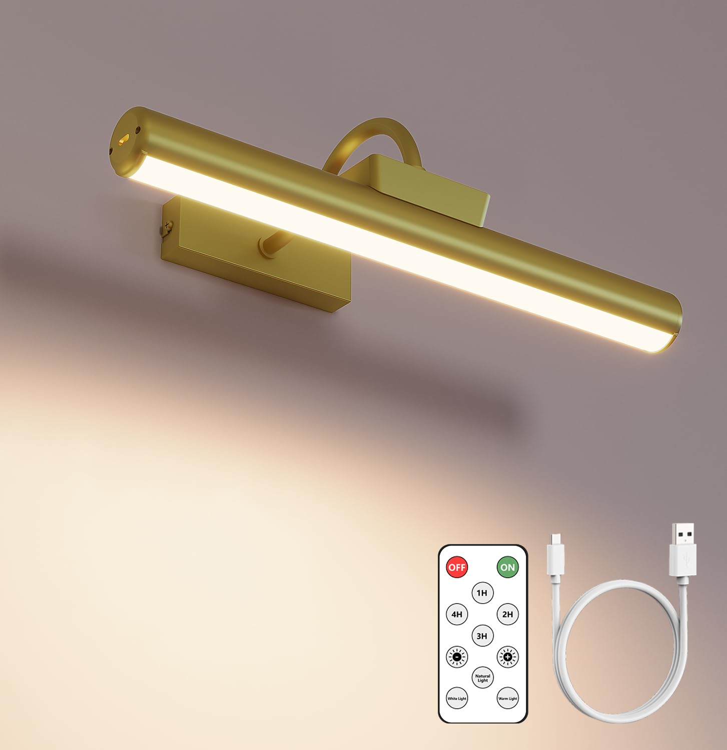 Skairipa Picture Light, 13in Battery Operated, Dimmable, Metal, Gold, Model SN00146, 1Pack