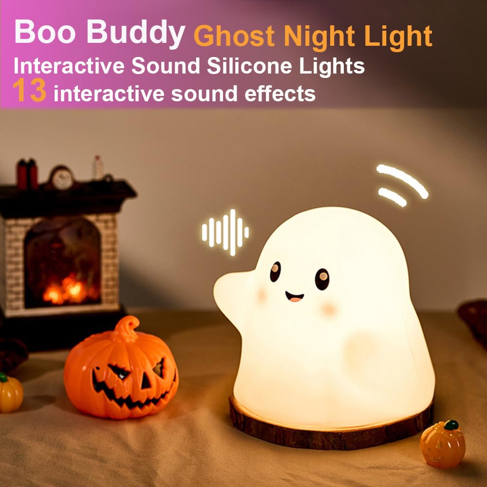 magical JD Ghost Night Light for Kids, Silicone, 13 Sound Effects, 3 Brightness Levels, White Ghost, Model A-6603