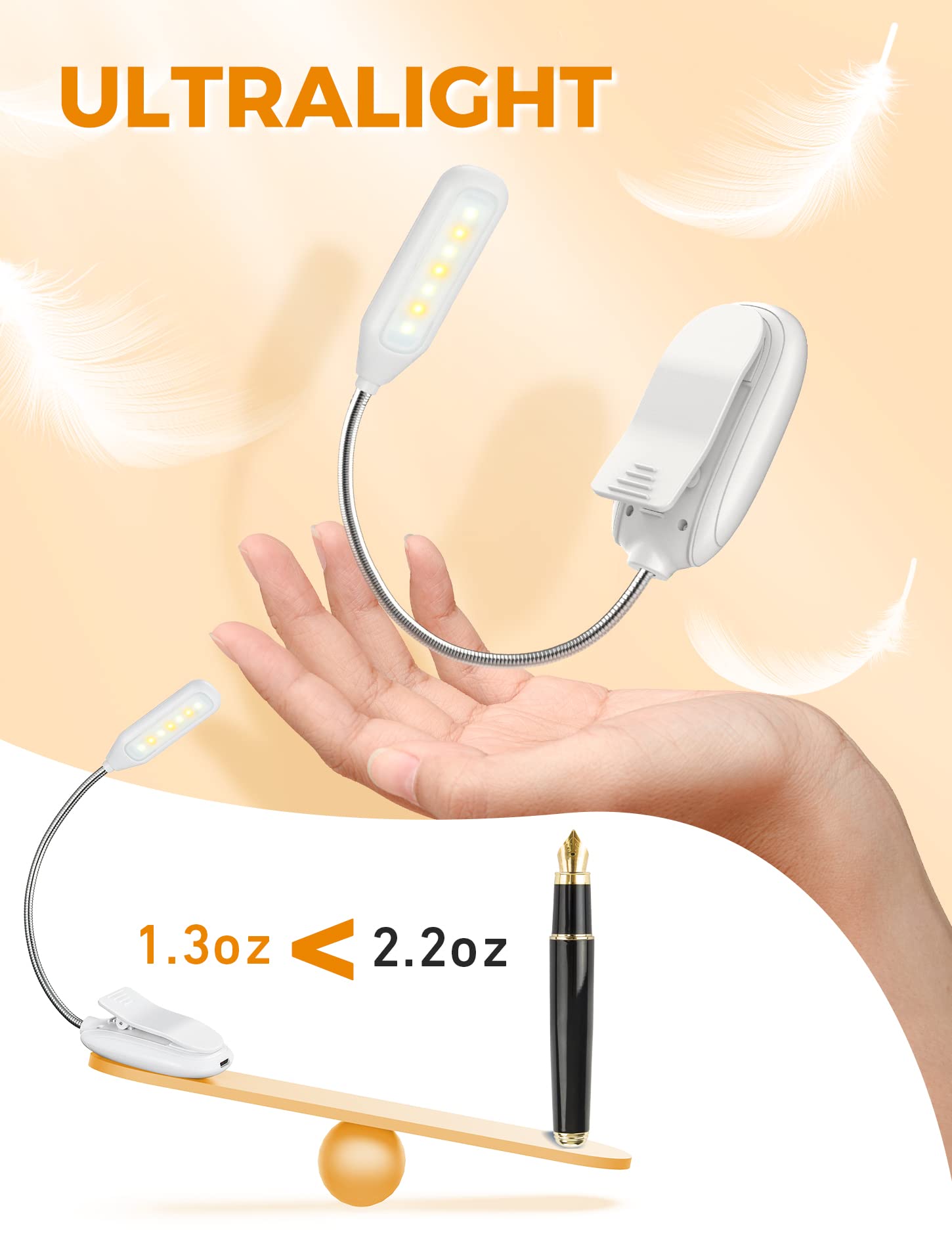 Monotremp Book Light - Rechargeable, 80 Hours Runtime, 3 Brightness Levels, 3 Color Temperatures, 7.5 x 1.3 x 2.7