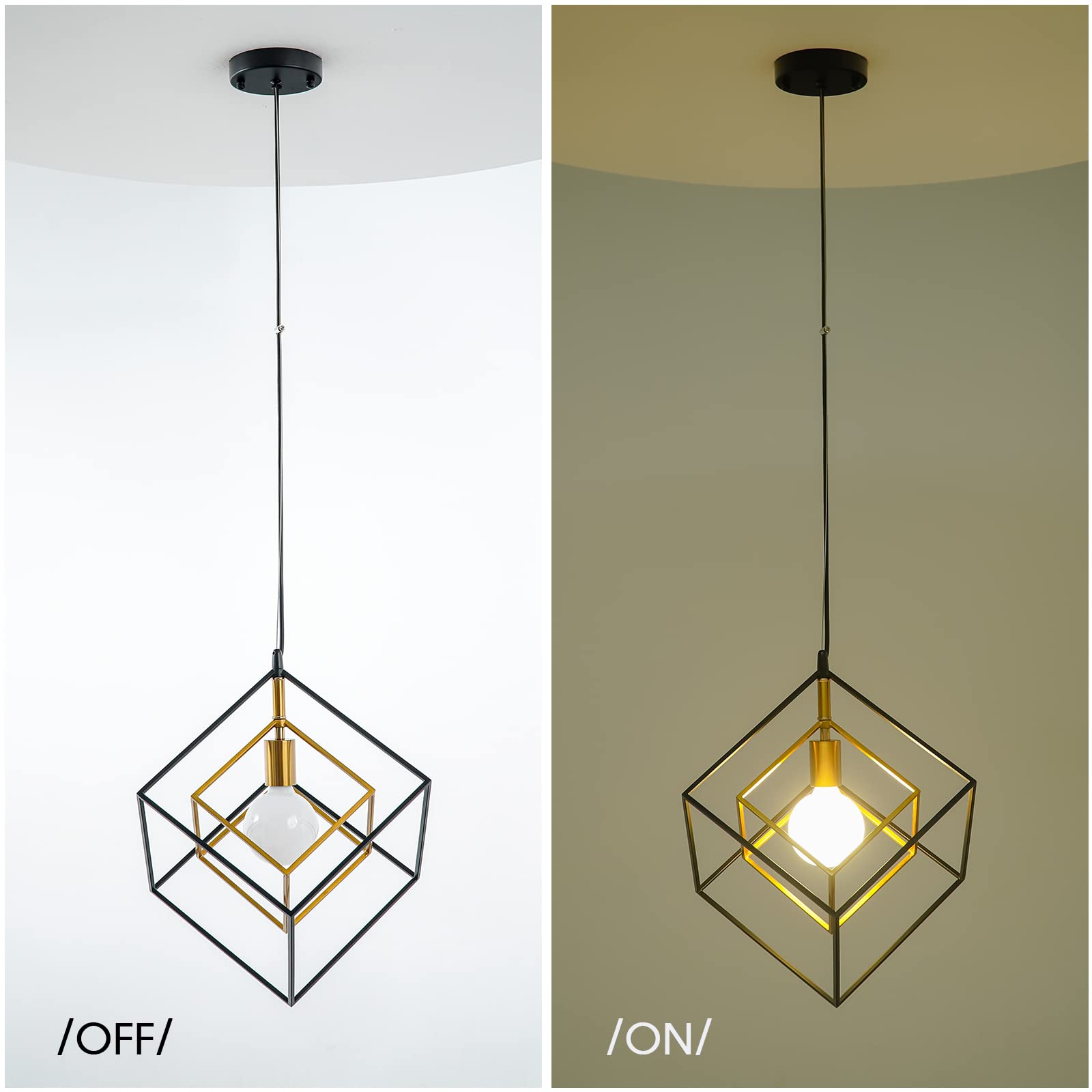 SHANSRUI Modern Geometric Chandelier, 1-Light Metal Pendant Light Fixture Black Brass Hanging Ceiling Light Industrial Farmhouse