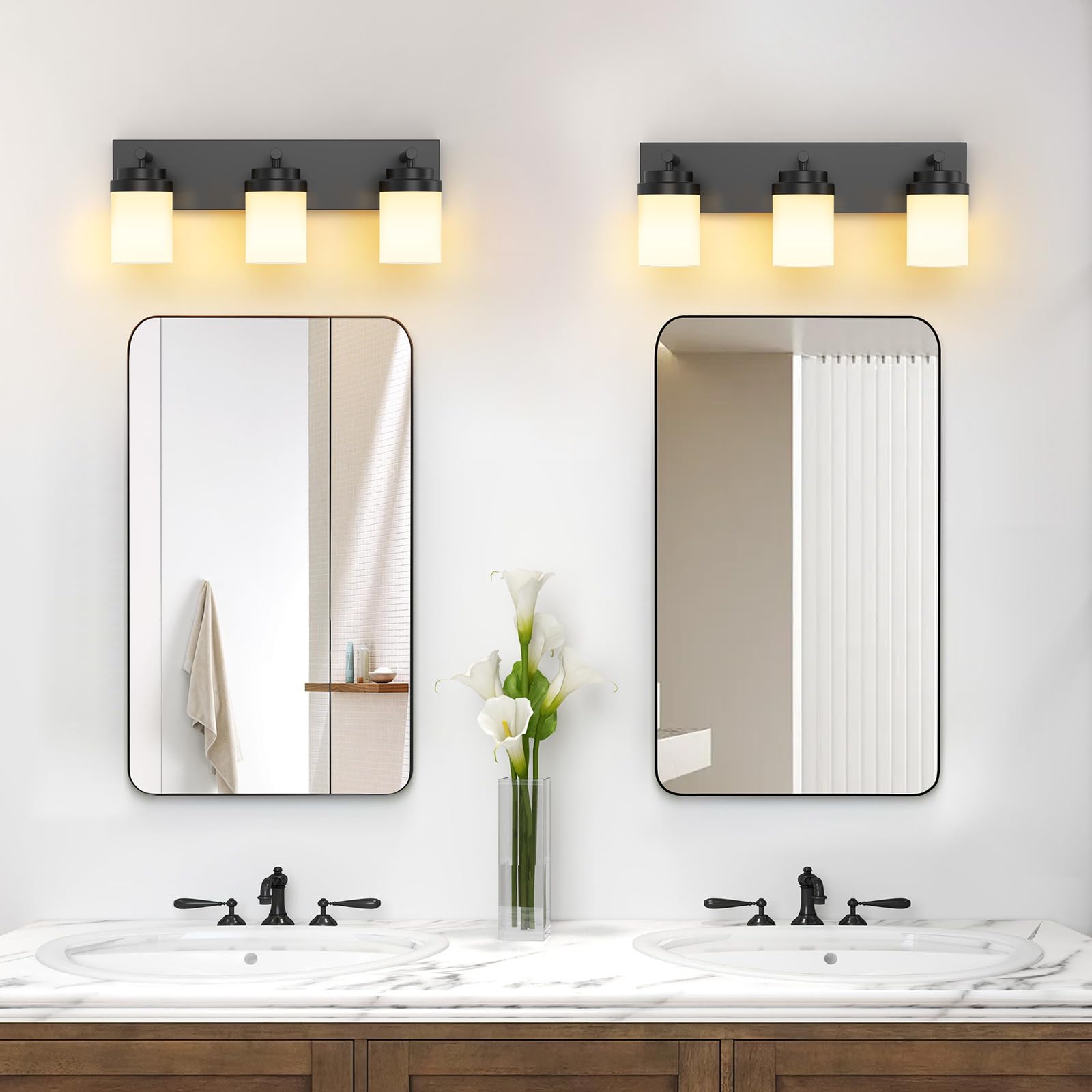 IZORRO 3-Light Bathroom Vanity Light Fixture, Matte Black with White Glass Shade, Modern Farmhouse Design, Model HL101