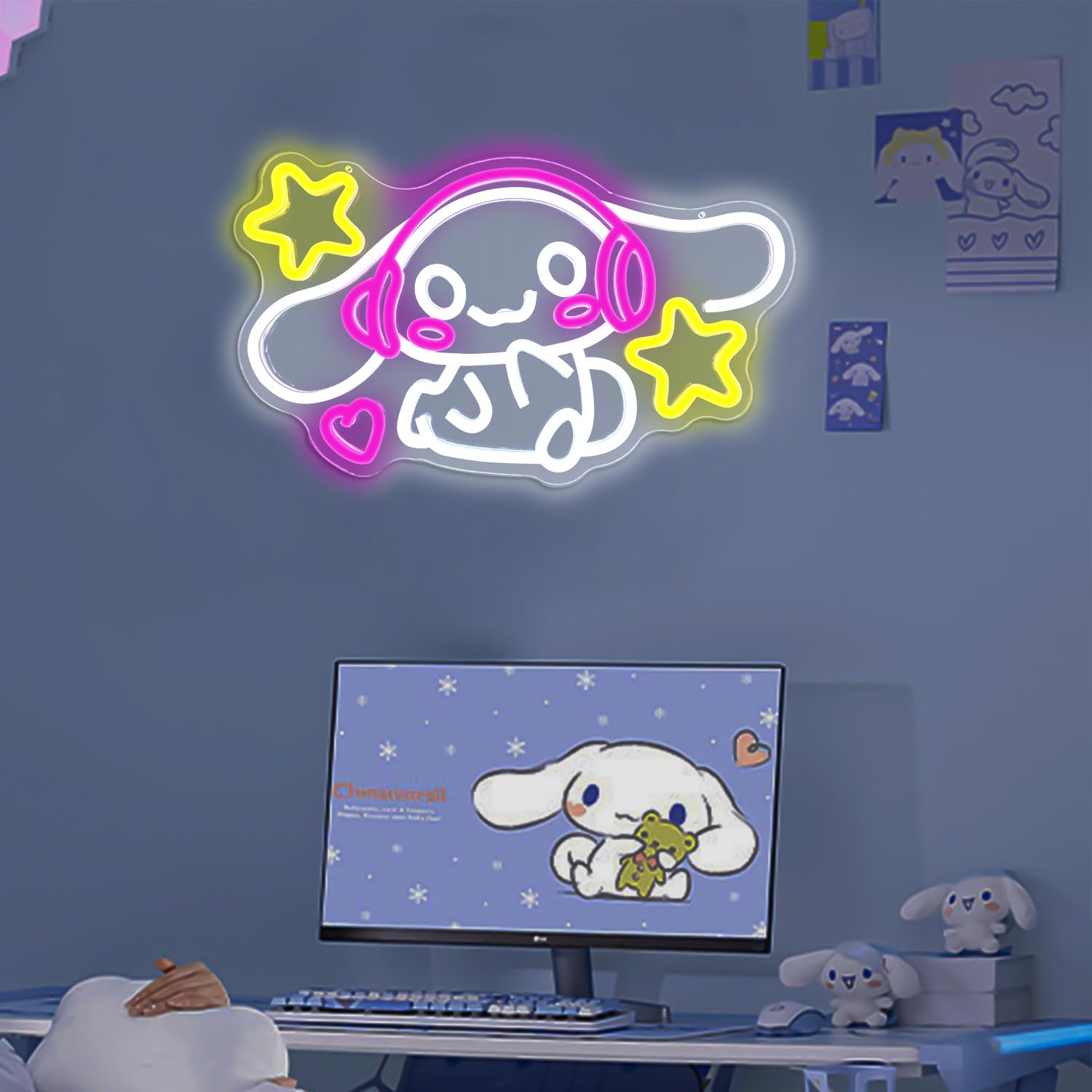 OvoNinn Anime Neon Sign - LED Wall Decor for Bedroom - 9inx15.7in Multicolor Acrylic - Model MusicBigEarDog