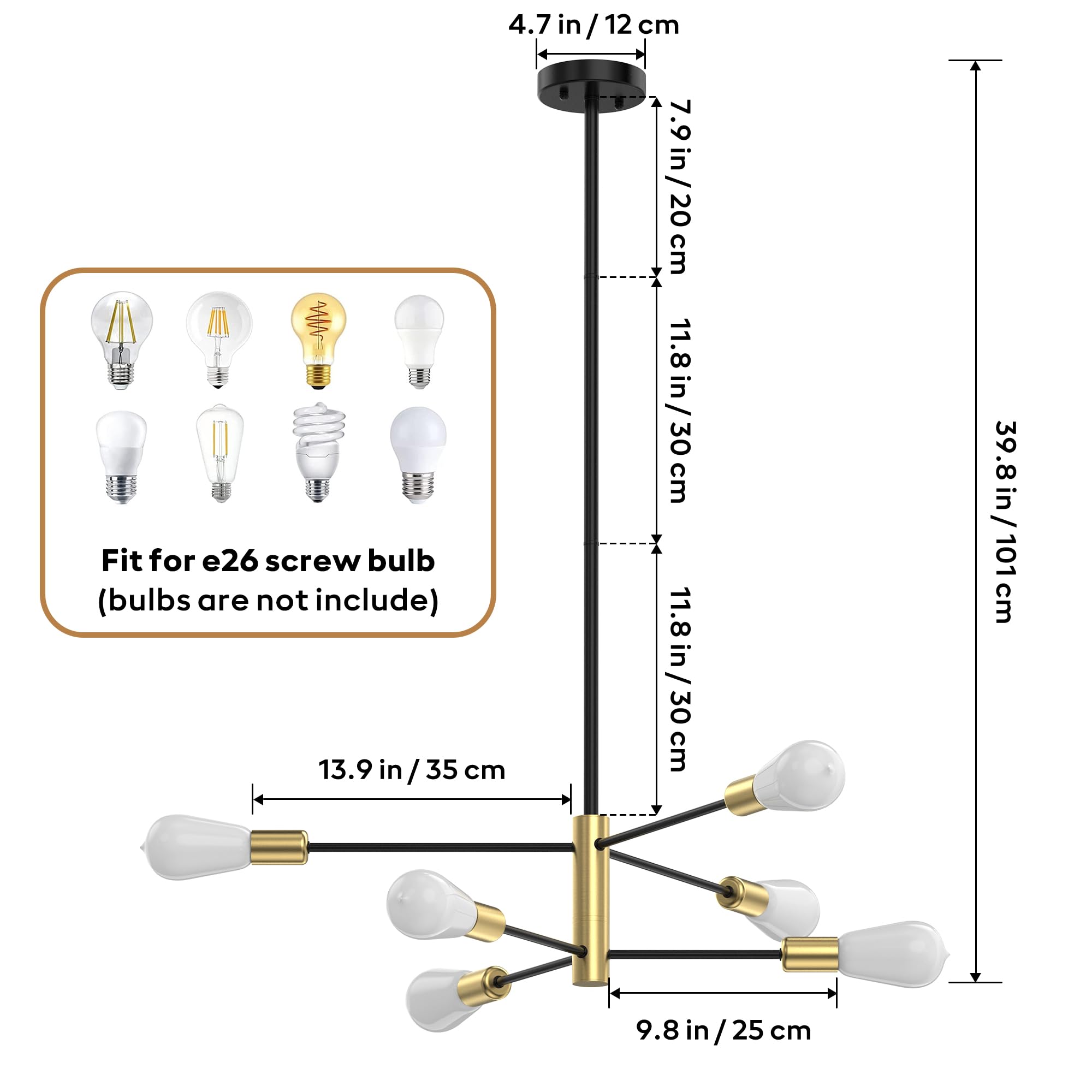 Phaosio Modern Sputnik Chandeliers For Dining Room, Height Adjustable Semi Flush Black And Gold Chandelier Ceiling Mount Light F