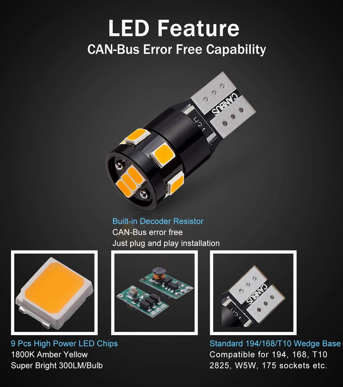 BRISHINE LED Bulbs 194 168 2825 192 W5W T10 Amber Yellow 9-SMD 2835 Chipsets for Side Marker Turn Signal Blinker (Pack of