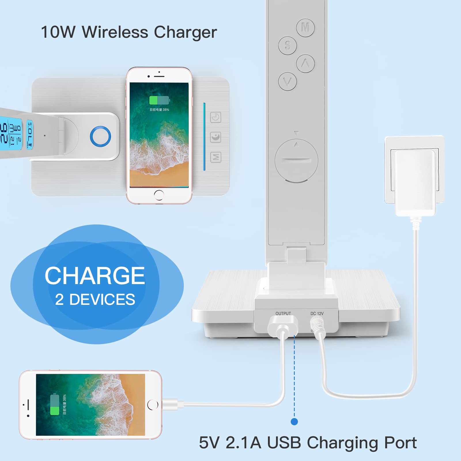 Led Desk Lamp With Wireless Charger: Smart Desk Lamp - Usb Charging Port, 5-Level Brightness & Color Dimmable, Clock, Alarm, Timer, Date, Temperature. Table Lights For Study Reading Home Office