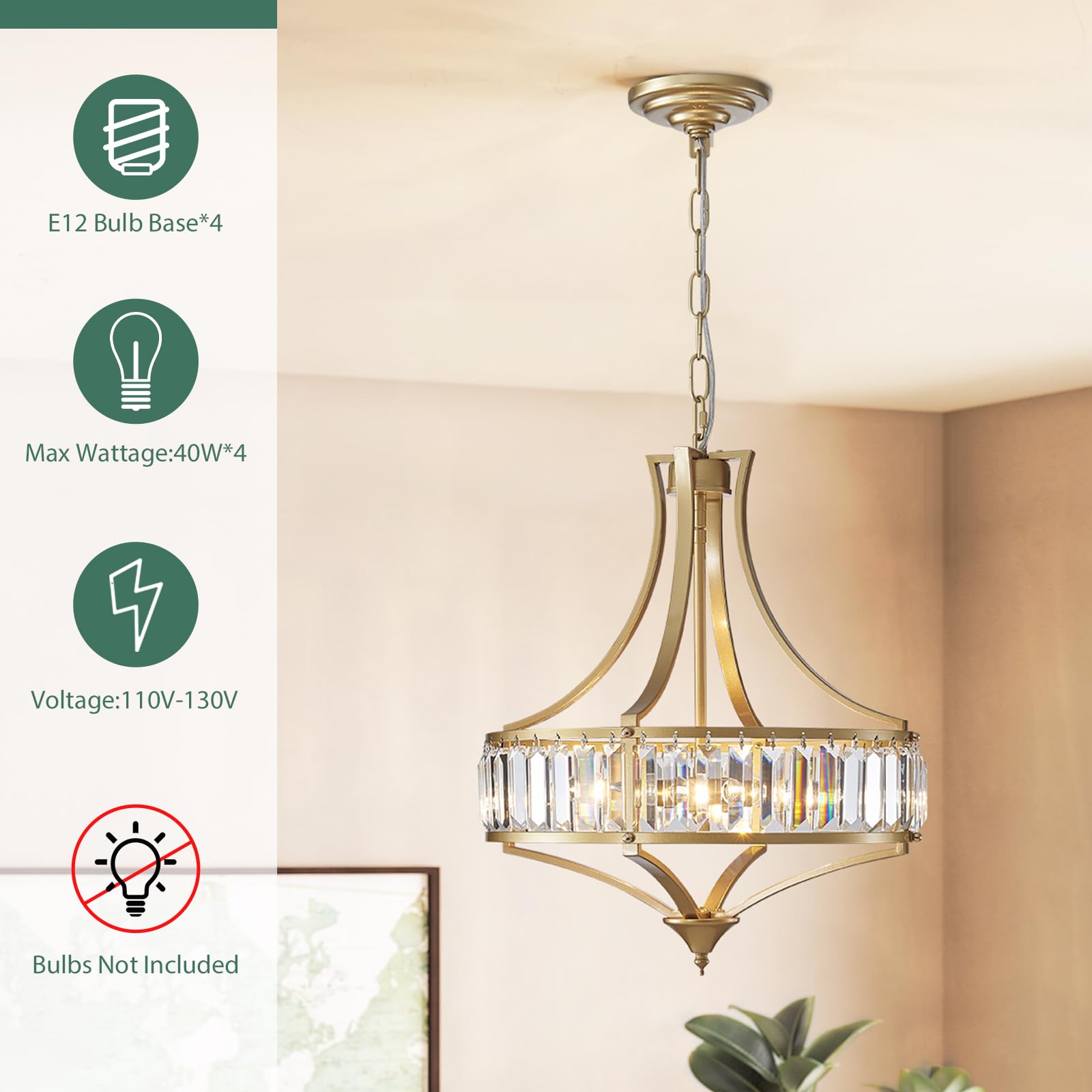 Avzkcy Modern Gold Chandelier, Crystal Pendant Lighting Fixtures, 15.7 Inches Height Adjustable Metal Shade Ceiling Light Suitab