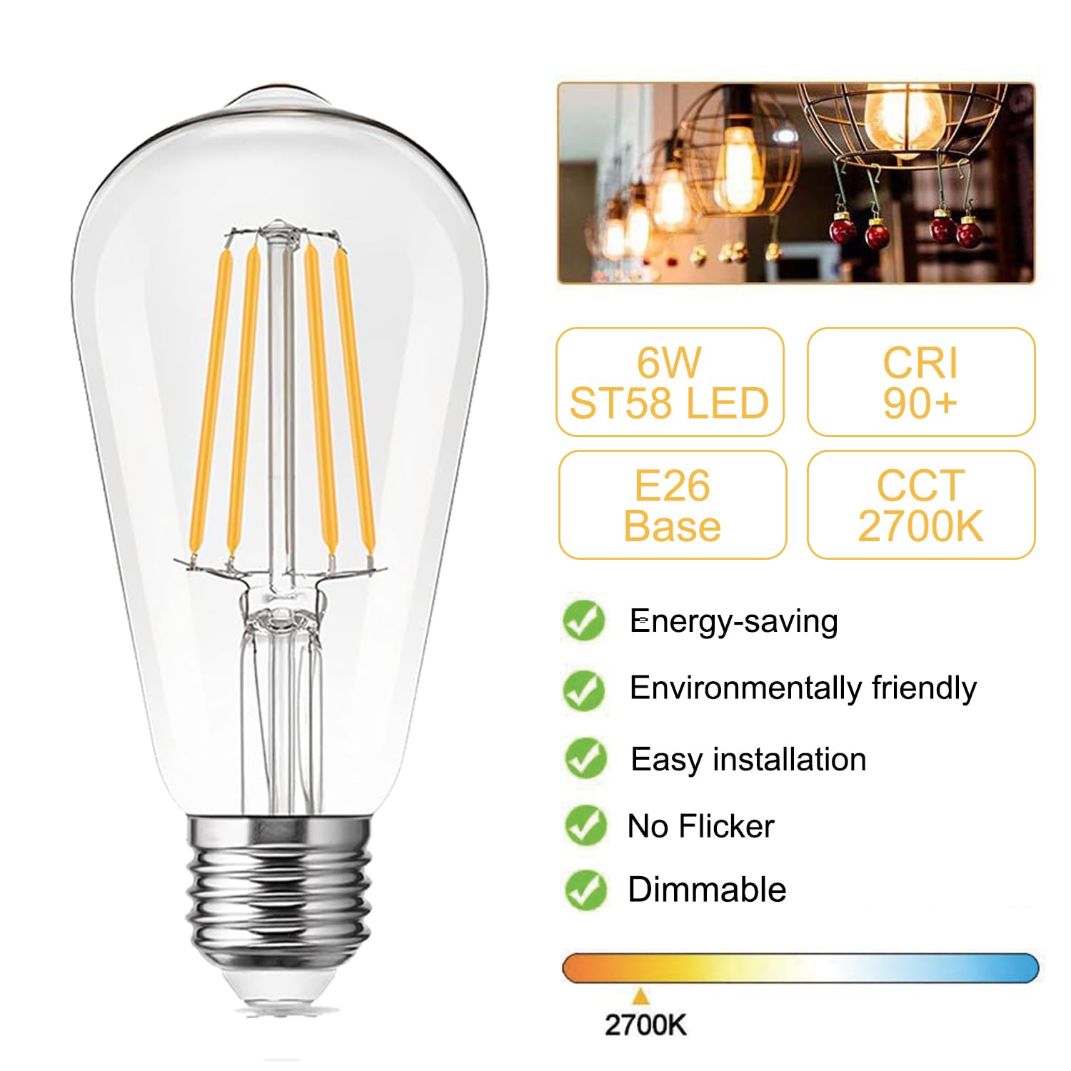 H&D Home Interchanges LED Edison Bulbs 60W Equivalent Dimmable Glass Warm White 2700K 12-Pack E26 Base