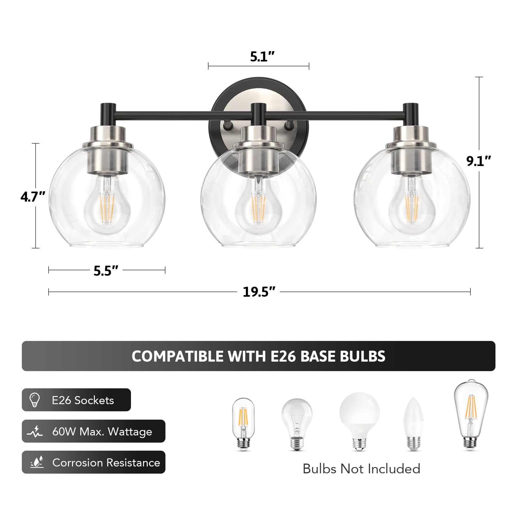 Vonluce 3-Light Vanity Light With Globe Glass Shades, E26 Sockets; Bathroom & Bedroom Hallway Living Room Light Fixtures, Black
