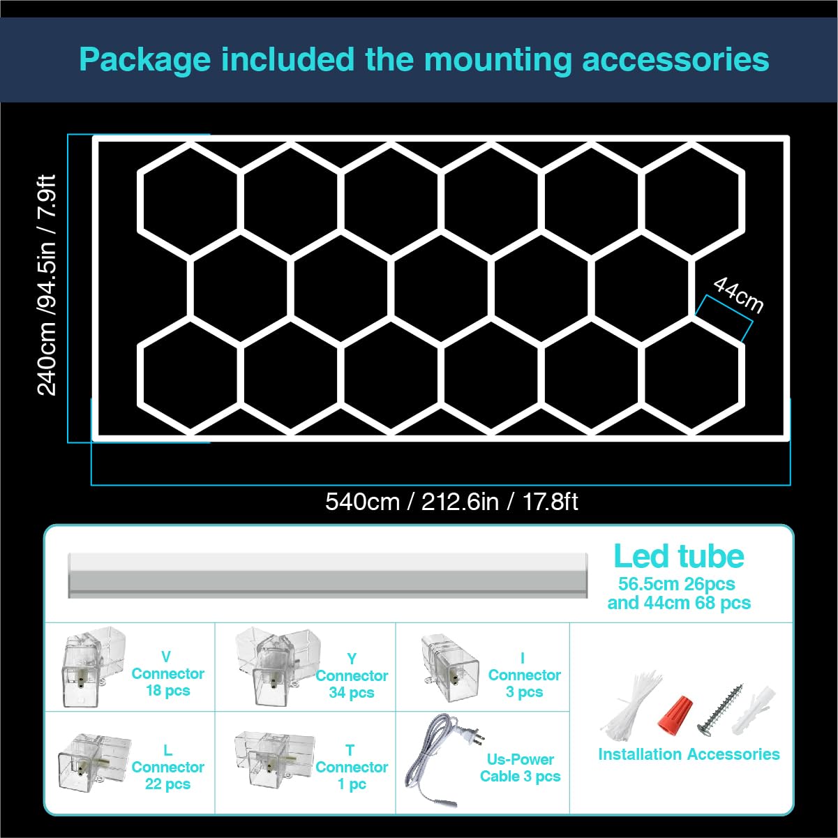 Hexagon Garage Light, 94 Pack Super Bigger Size 5.4X2.4M 800W 6500K 88000Lm 17 Hexagon Led Lights With Frame Car Detailing Led Garage Ceiling Lights For Gym Basement Warehouse Detailing Workshop