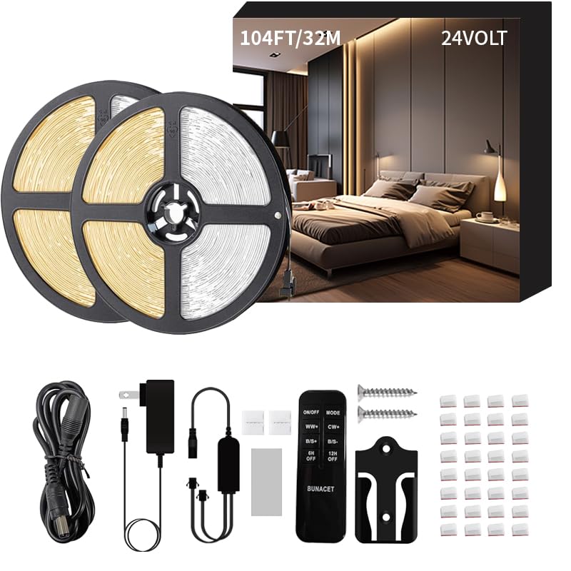 BUNACET LED Strip Lights 105ft Warm White Dimmable Tape Light for Bedroom, Kitchen, Aluminum