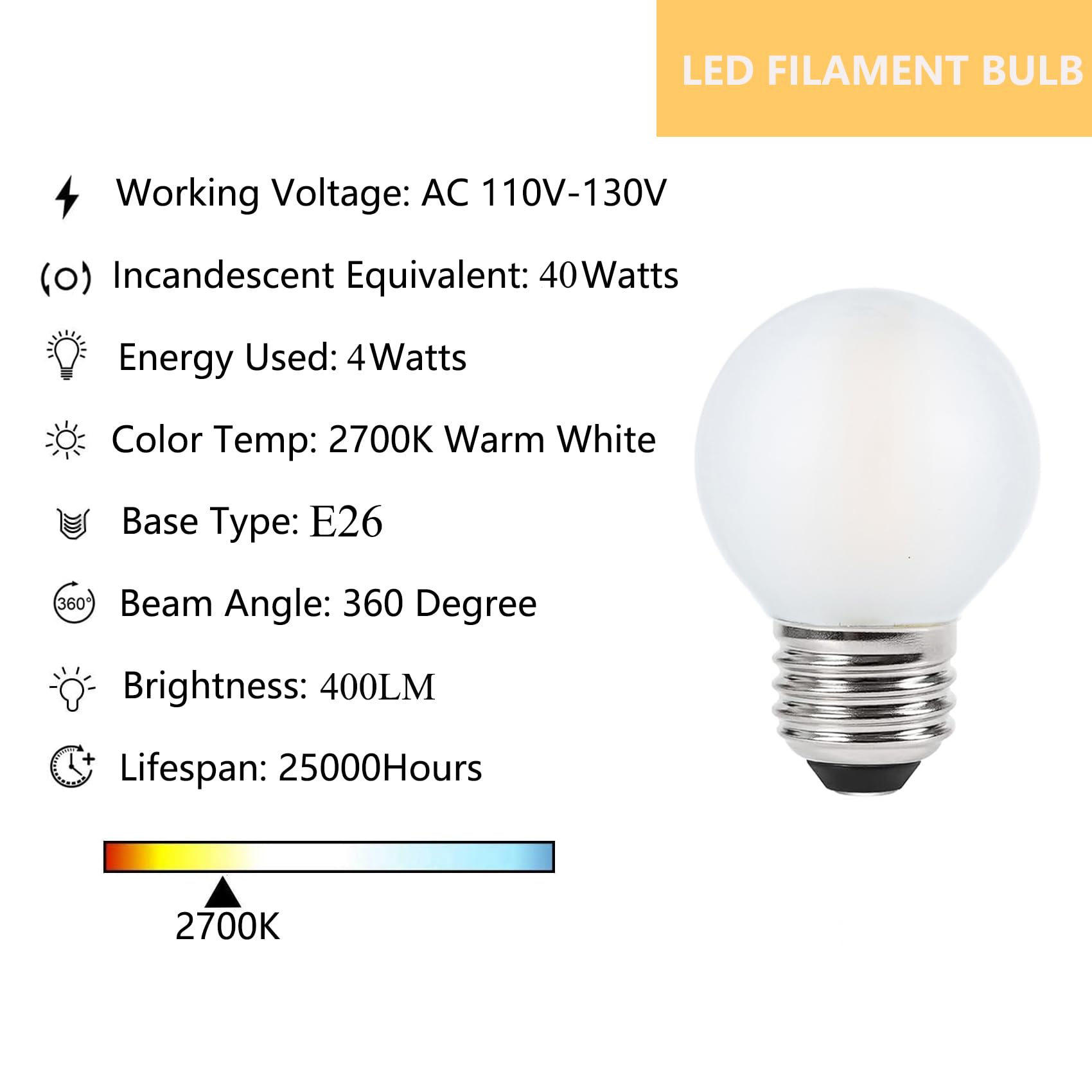Sunaiony Frosted E26 Led Bulb 4W Dimmable Warm White 2700K, 40 Watt Equivalent Led Light Bulbs, G16.5 Edison Led Frosted Globe L