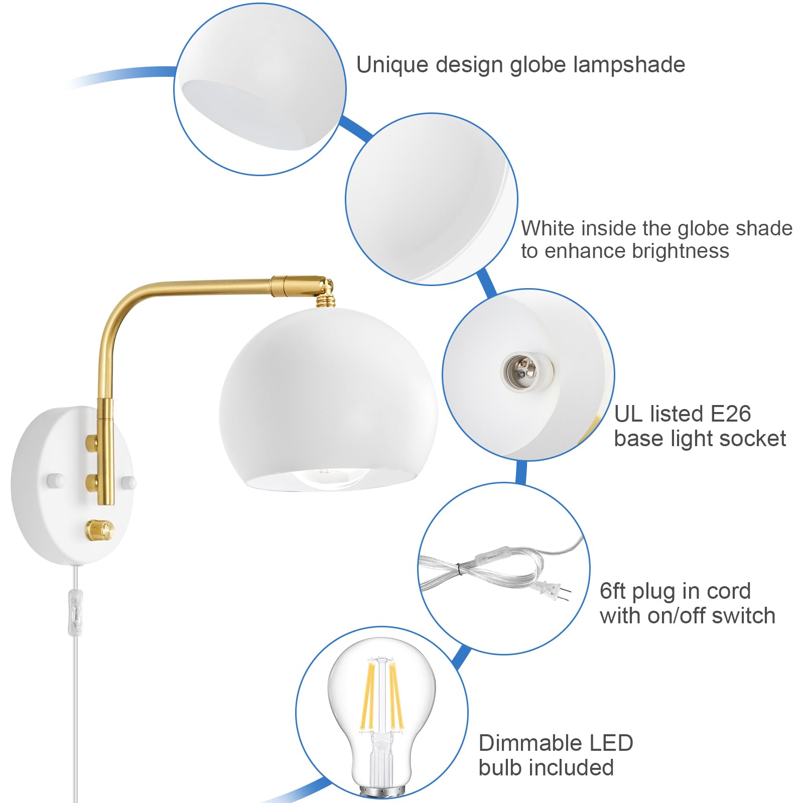 VATONI Wall Sconces Plug-in, Dimmable Swing Arm Lights, 2 Pack, White Globe, Metal, Model LSlamp-Whtsh-2P, Bulbs Included