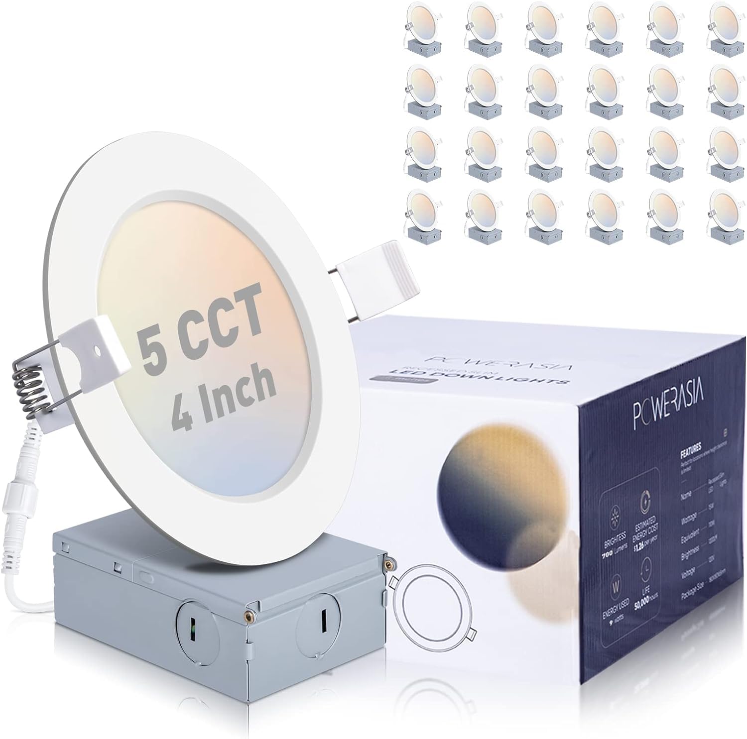 POWERASIA 24 Pack Recessed Lighting 4 Inch with Junction Box, 5CCT 4 Inch LED Recessed Lights Dimmable 2700K-6000K, 9W 850lm Ult