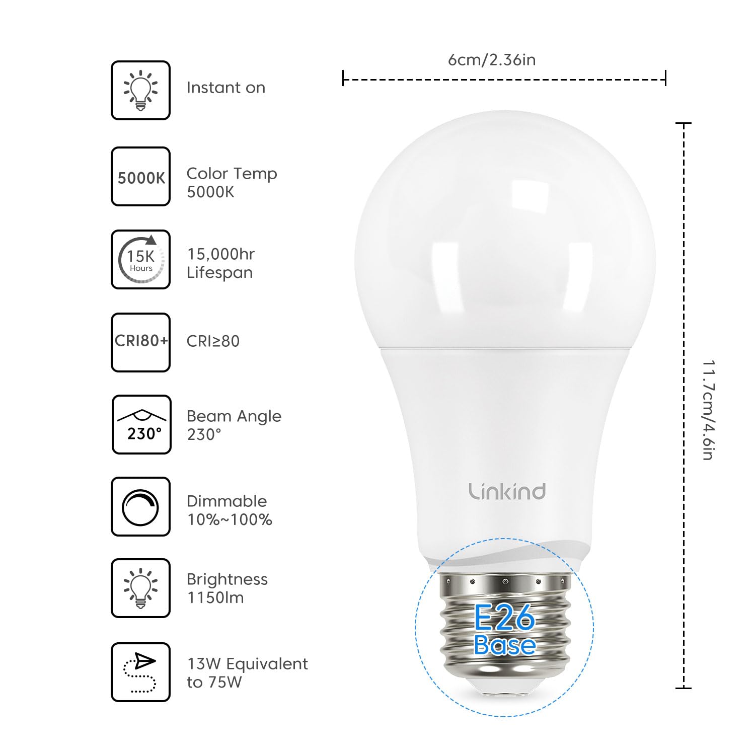 Linkind Dimmable A19 Led Light Bulbs, 75W Equivalent, 5000K Daylight, 1150 Lumens, Pack Of 6, E26 Base, Ul Listed