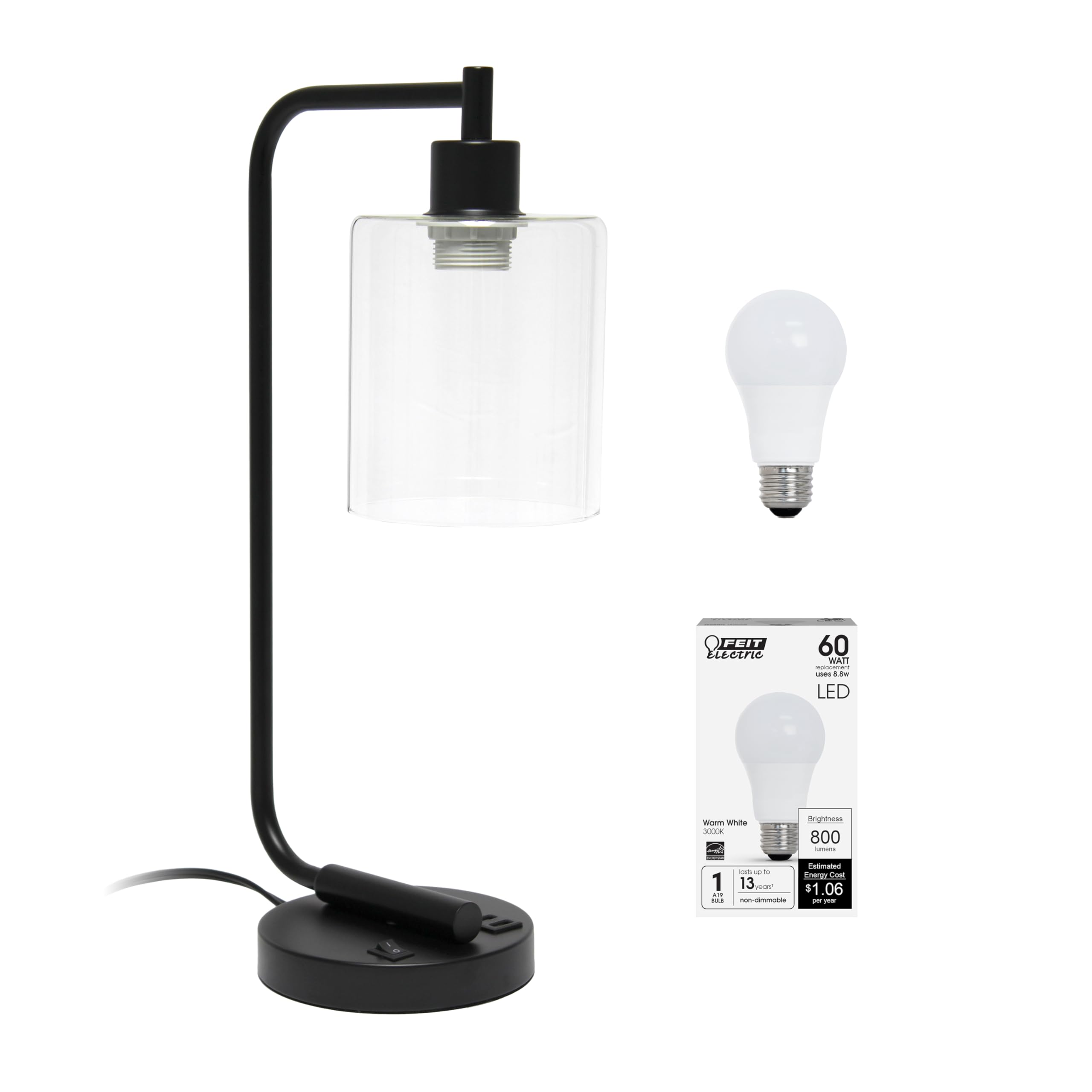 Simple Designs LD1066-BLK-LB Industrial Vintage Bronson Iron Lantern Desk Table Lamp with USB Port and Glass Cylinder Shade for Office, Living Room, Bedroom, Black, with Feit LED Bulb Included