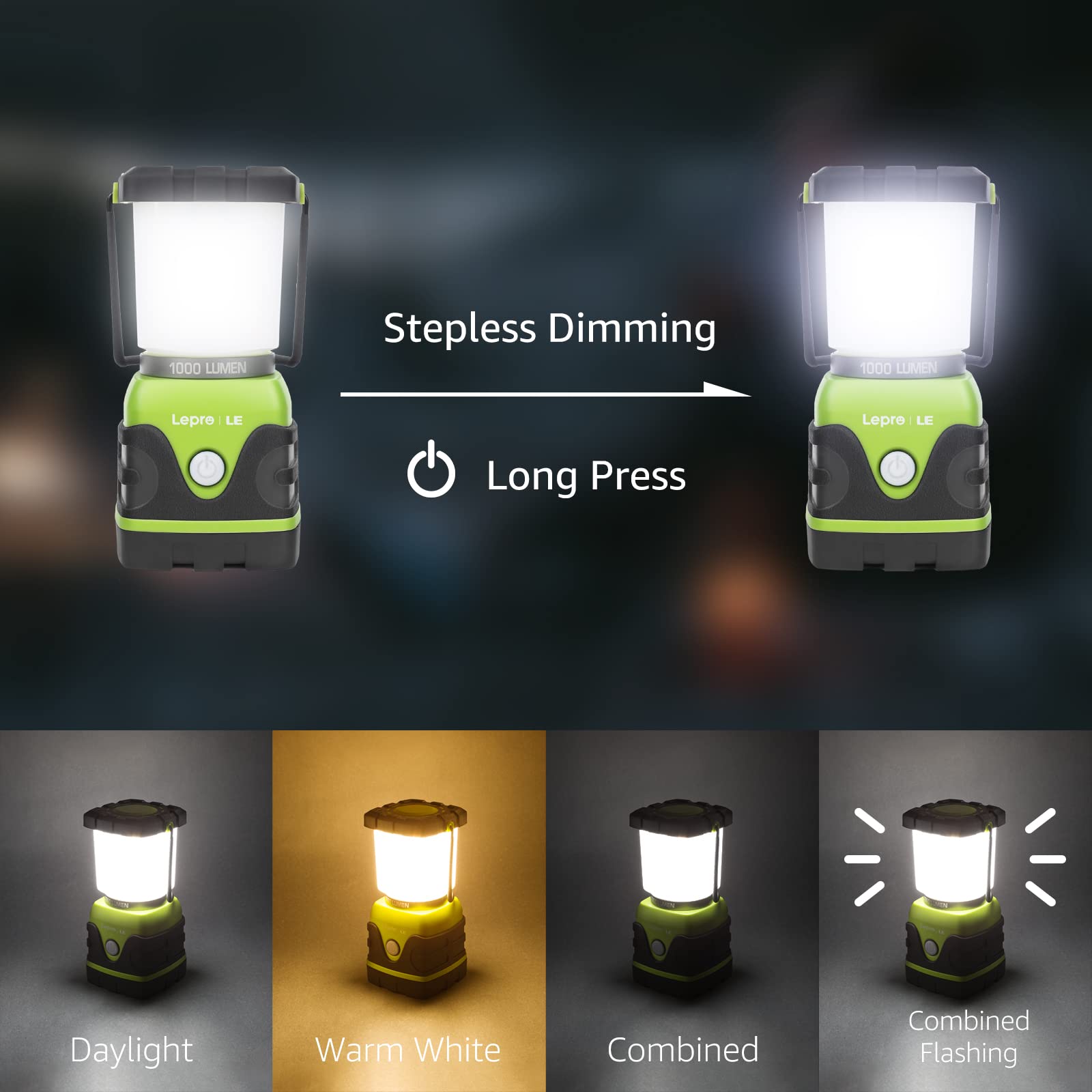 Lighting EVER 1000LM LED Camping Lantern, Waterproof, 4 Light Modes, Black and Green, Model 3300002-2