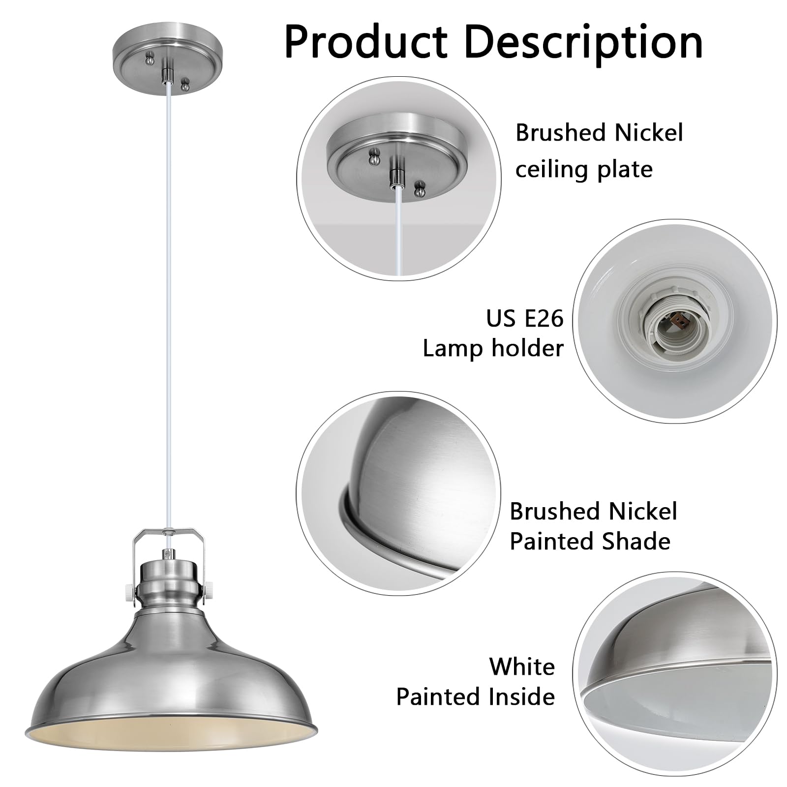 ALAISLYC Brushed Nickel Pendant Lights - Vintage Dome Fixtures, Adjustable Height, 2 Packs, for Kitchen Island & Dining Room