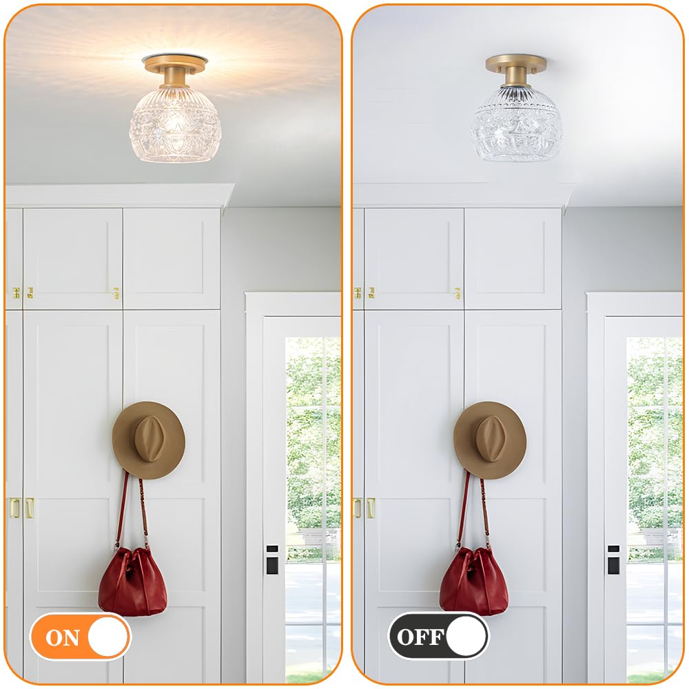 Brass Gold Semi Flush Mount Ceiling Light Fixture, Farmhouse Bathroom Light With Globe Glass Shade, Vintage Hallway Lights Fixtu