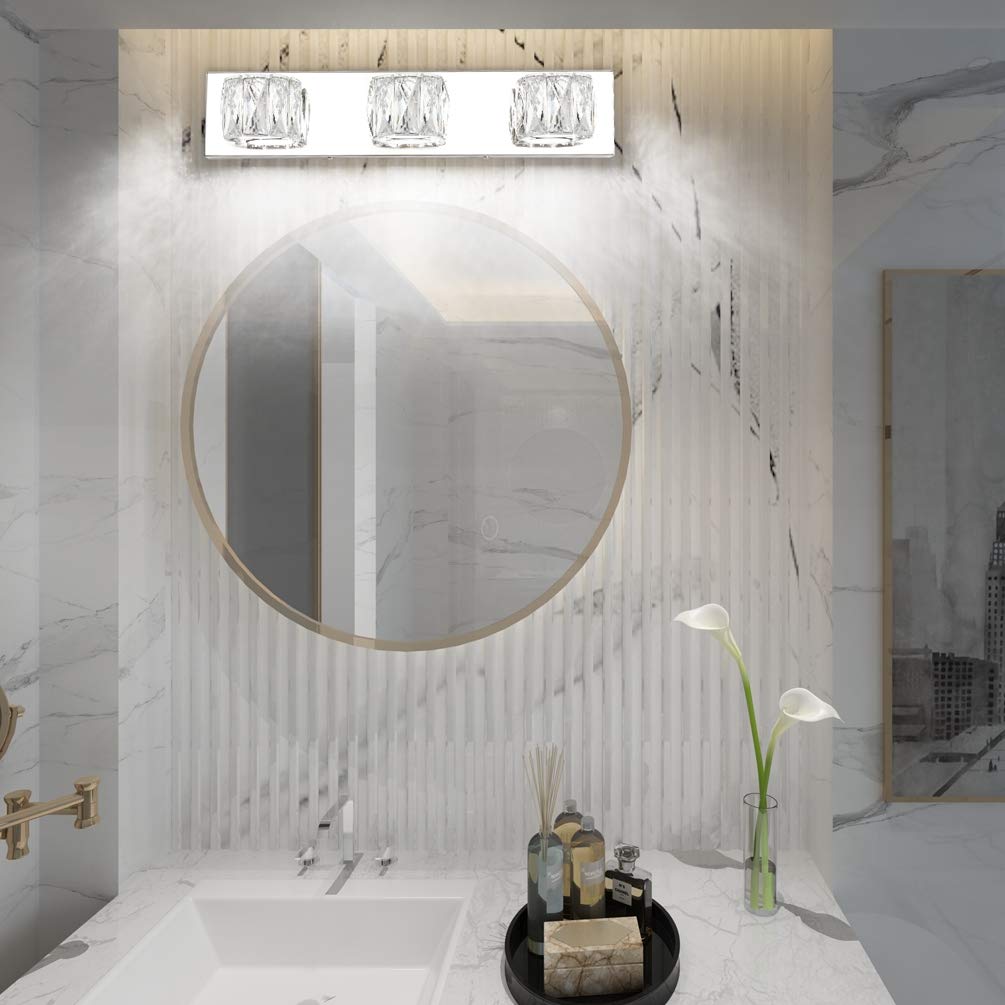 Aipsun 3-Light Crystal Vanity Lights for Bathroom, Modern LED Fixtures, Mirror Stainless Steel Frame, White Lights, Model Ca-8271-3T