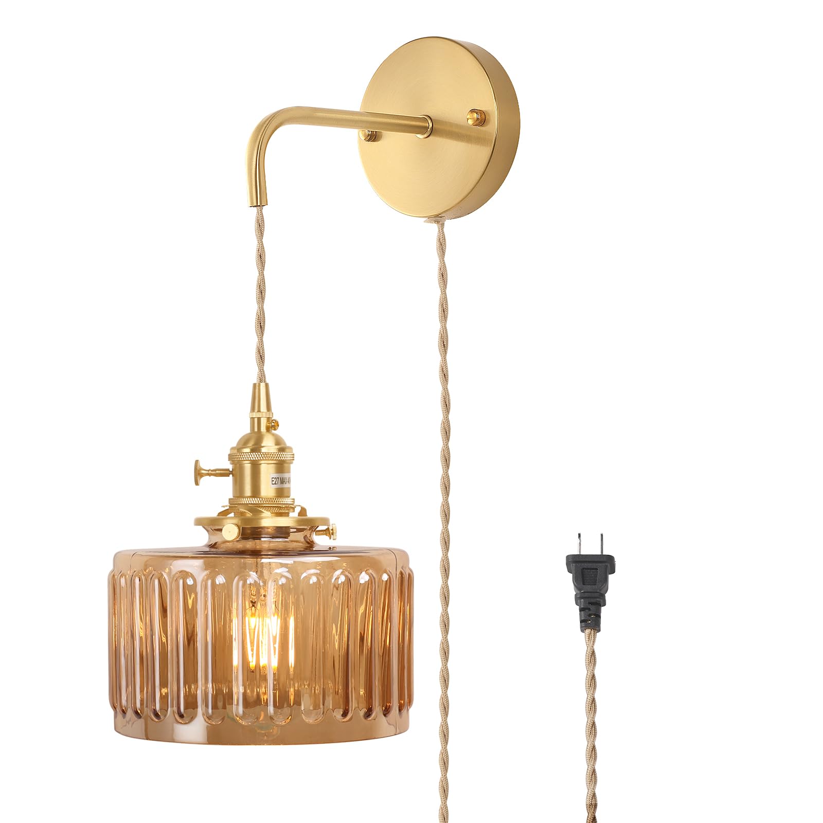 Shenmoyl Vintage Wall Sconce Lamp, Amber Striped Glass Shade, Plug in 4.9FT Cord, Brass, Model 1-9390