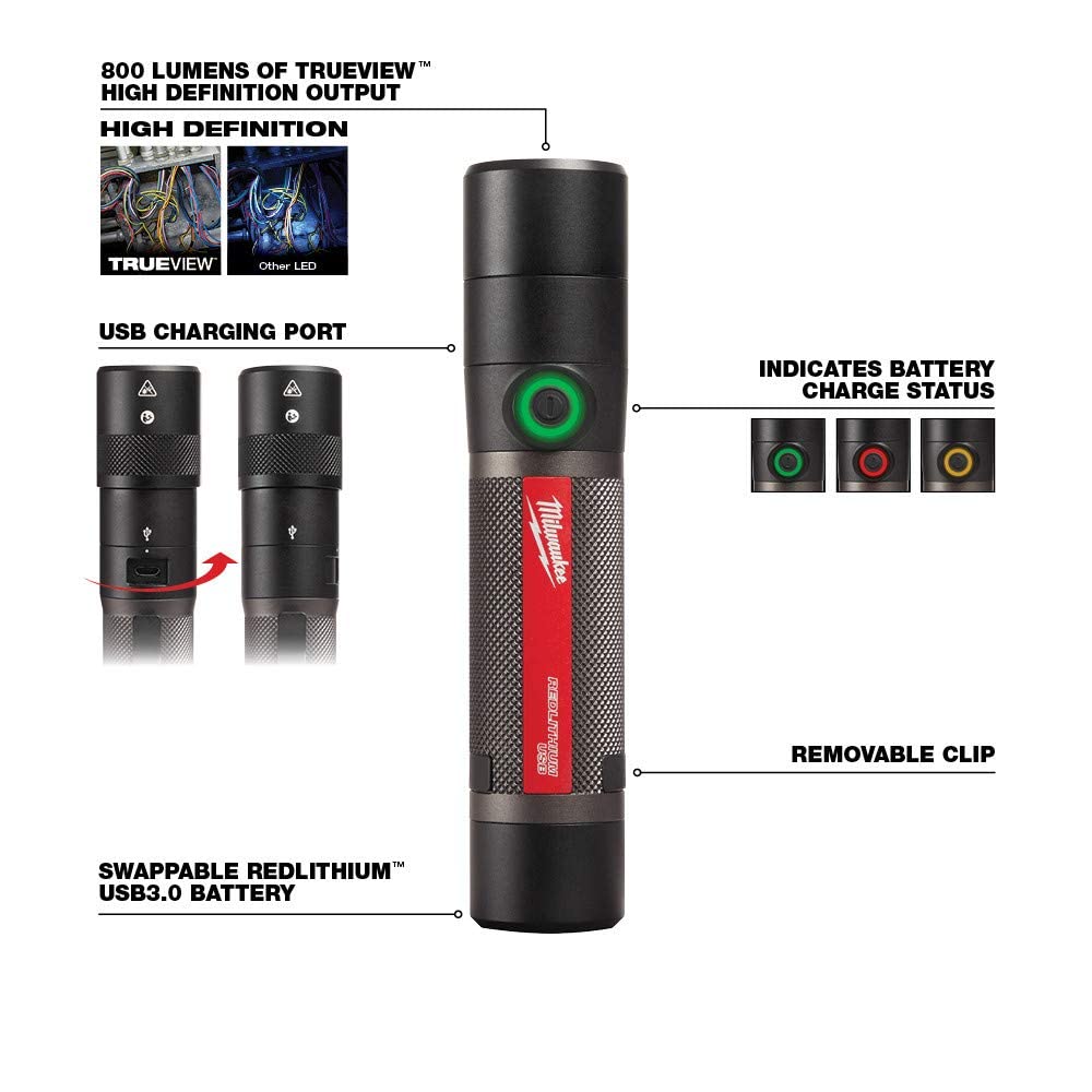 Milwaukee LED Rechargeable Flashlight 800L, Aluminum, Black, Model 2160-21
